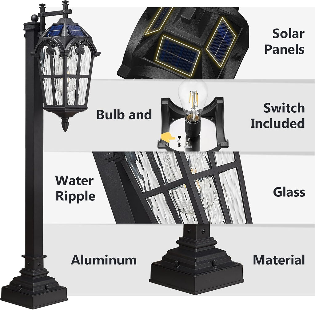 Emliviar Solar Pathway Light Outdoor, Garden Landscape Lighting Waterproof, 2700K LED Post Lamp with Remote Control, Black Pole Lantern with Water Ripple Glass, XE307PL-SL BK