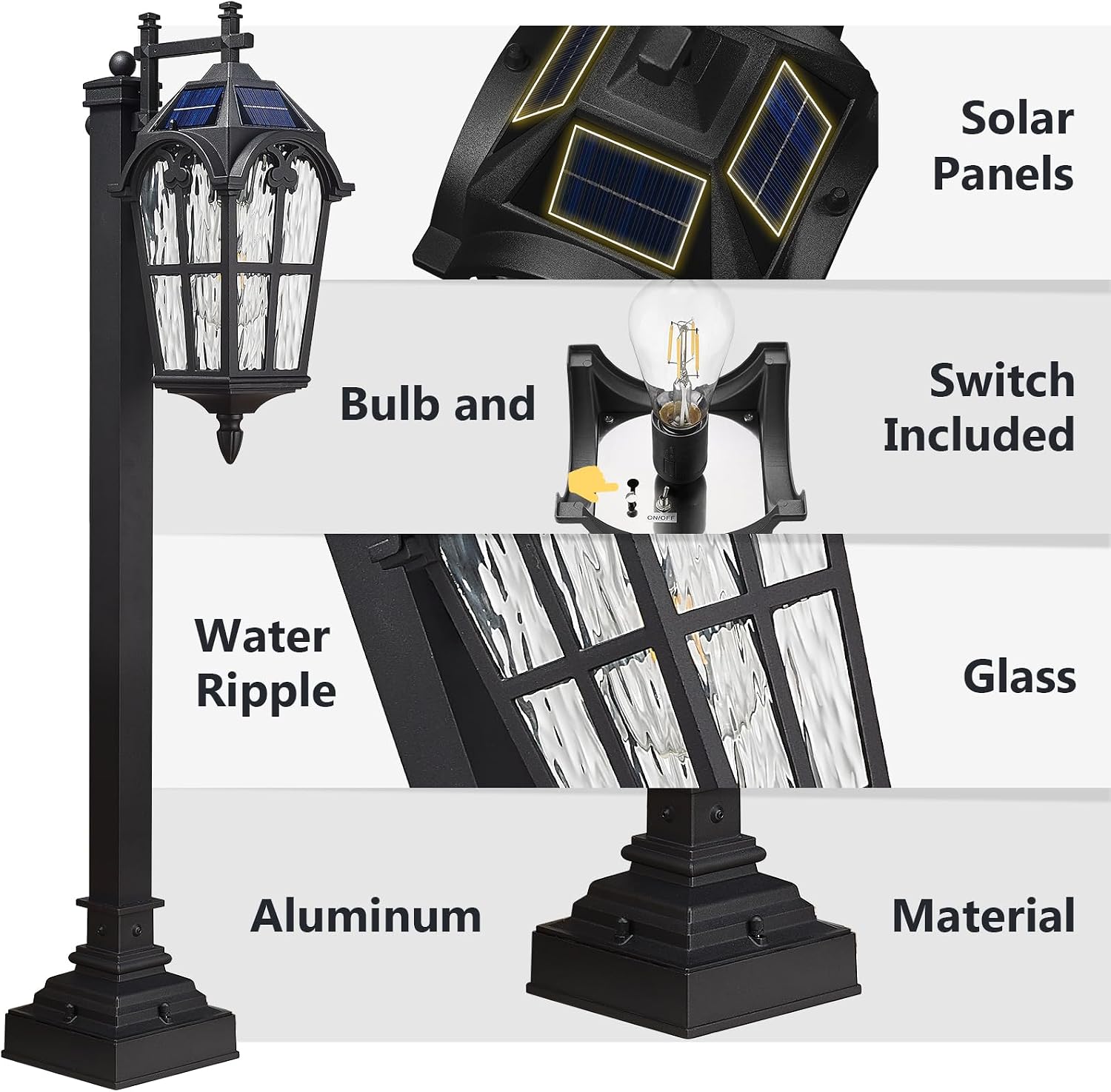 Emliviar Solar Pathway Light Outdoor, Garden Landscape Lighting Waterproof, 2700K LED Post Lamp with Remote Control, Black Pole Lantern with Water Ripple Glass, XE307PL-SL BK