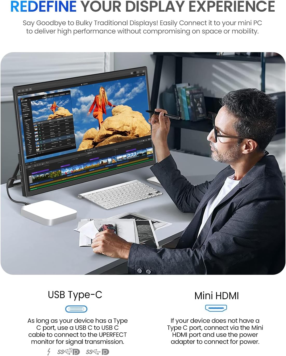 UPERFECT 21.5' 120HZ Touchscreen Portable Monitor w/Stand & VESA, Large Portable Gaming Monitor with HDMI Type C, External Display for Laptops, Steamdeck, MacBook, Phones, Mini PC