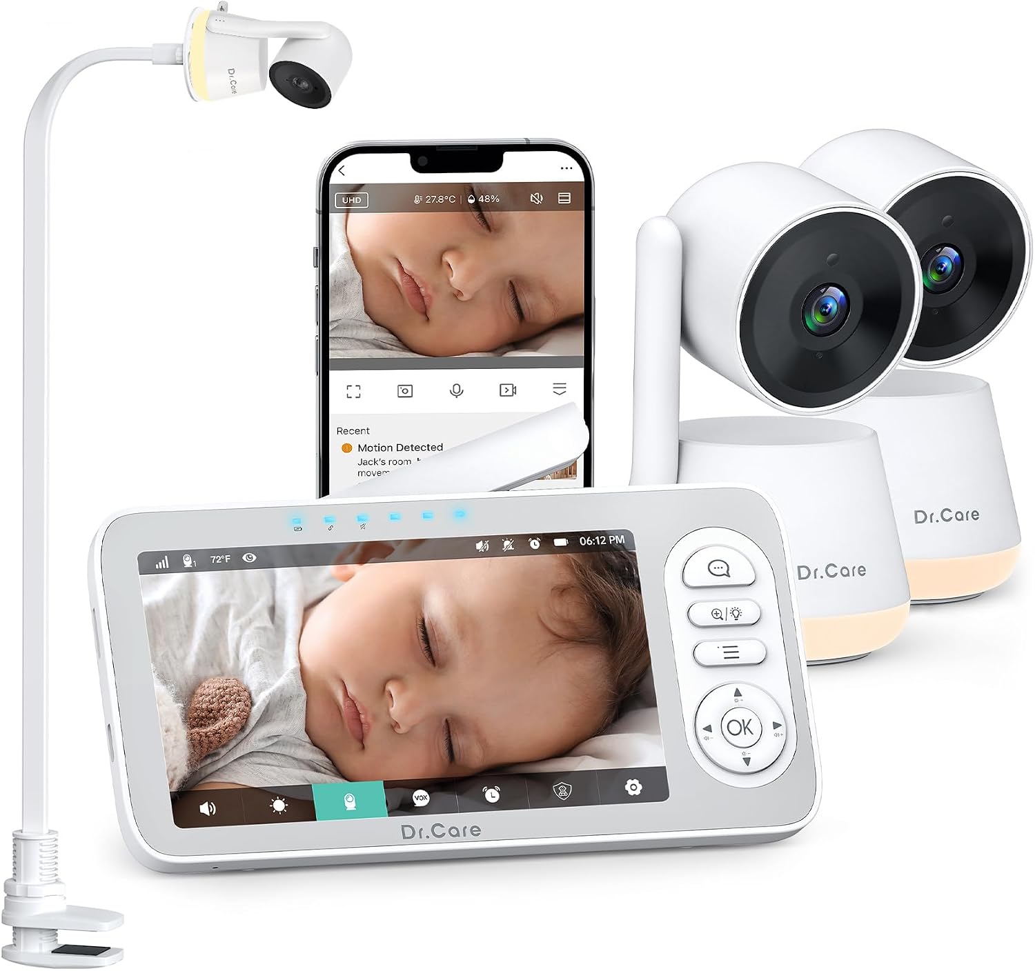 Dr.Care 5' Smart WiFi Baby Monitor with 2 Cameras & 1 Clip Mount - 1080P Split Screen & 2K Camera，Privacy Mode, Multi-User, 5000mAh Removable Battery, RGB Night Light, Cry & Motion Alerts