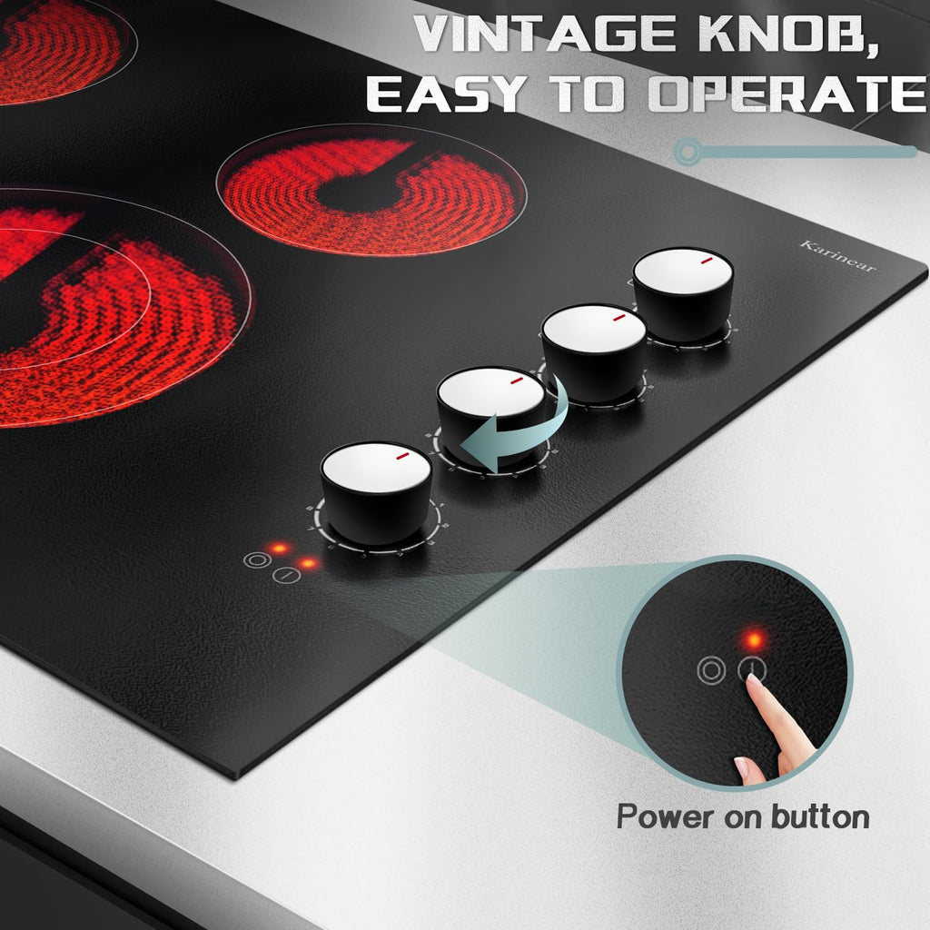 Karinear Electric Cooktop 30 Inch, 4 Burners Electric Stove Top, 30' Knob Control Built-in Radiant Ceramic Cooktop, 6700W, 220~240V Hard Wire(White Knob)
