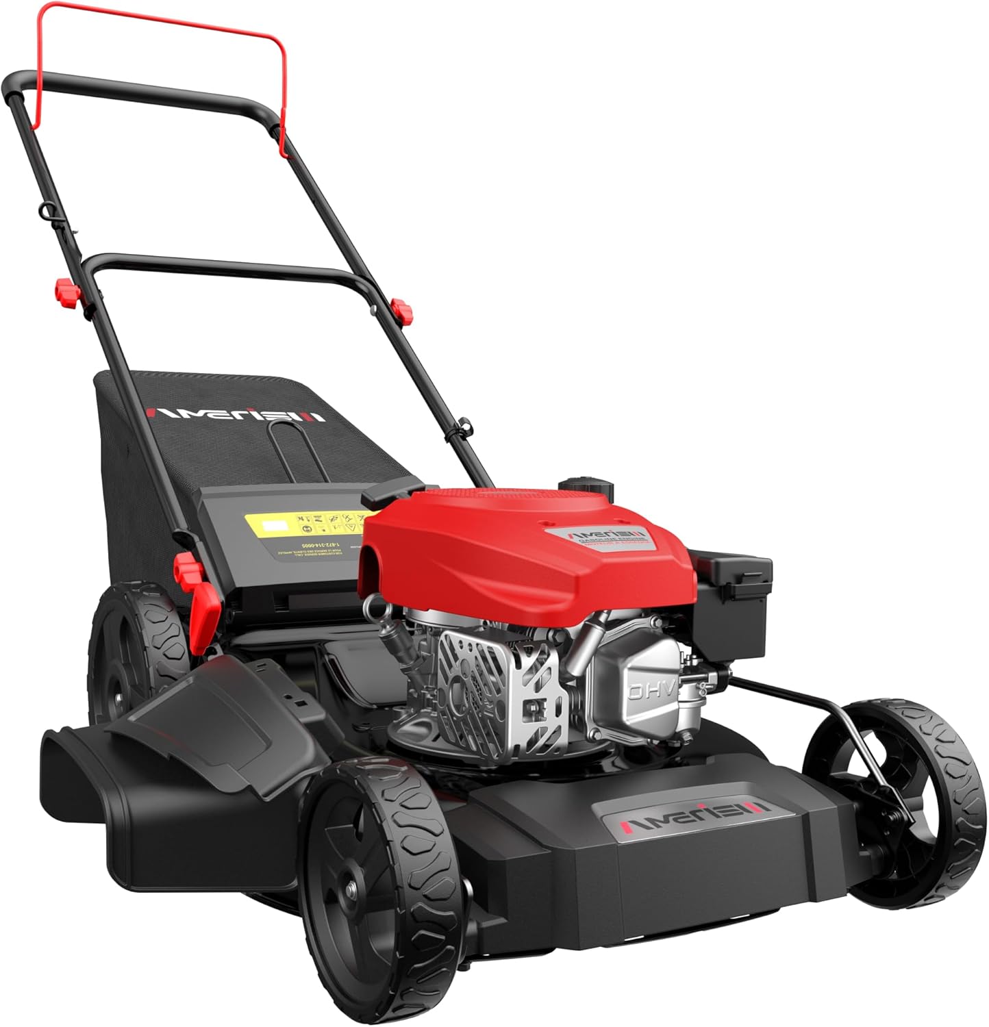 AMERISUN 21' Gas Lawn Mower, 3-in-1 Gas Push Mowers, 144cc 4-Stroke OHV Engine, 6 Height Adjustments 1.4 Bushel Grass Catcher, Lawnmower with Bagging, Mulching & Side Discharge, Efficient Steel Deck
