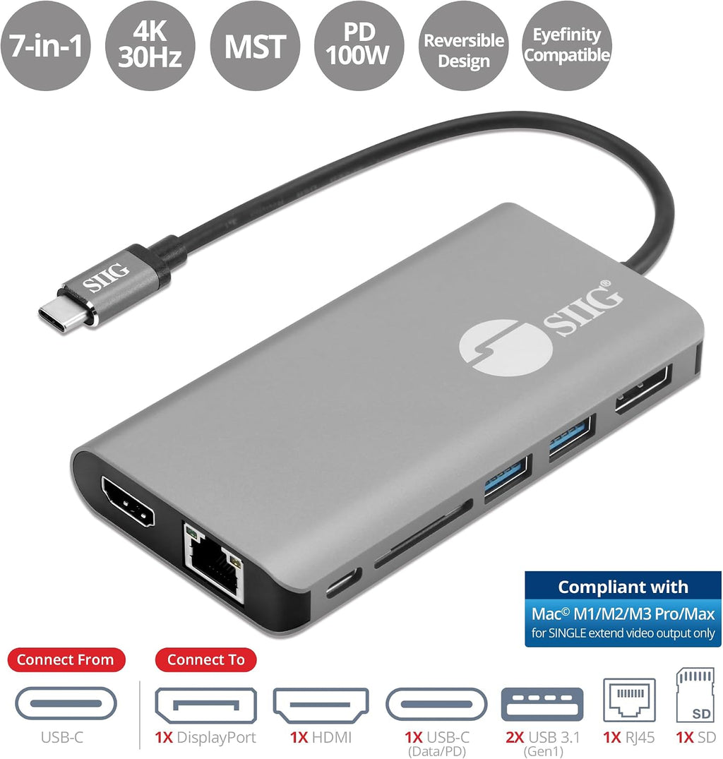 SIIG USB-C MST Hub with 4K@30Hz HDMI or DisplayPort, 1080p Dual Display, 100W Power Delivery Charging, 1 Gbps Ethernet, USB-C and 2X USB 3.1 Gen1 Type-A Data Ports, SD Card Slot (JU-DK0F11-S1)