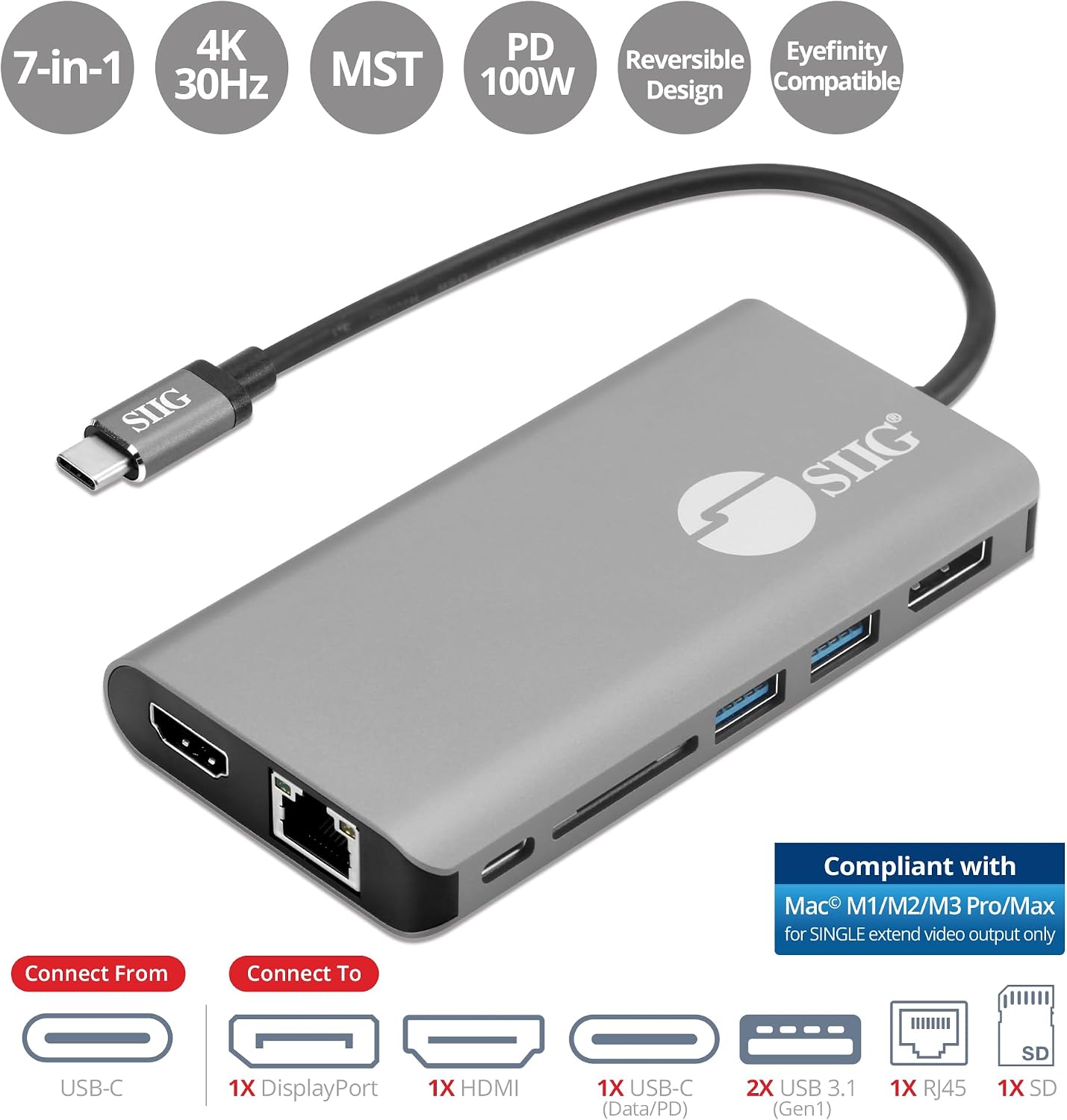 SIIG USB-C MST Hub with 4K@30Hz HDMI or DisplayPort, 1080p Dual Display, 100W Power Delivery Charging, 1 Gbps Ethernet, USB-C and 2X USB 3.1 Gen1 Type-A Data Ports, SD Card Slot (JU-DK0F11-S1)