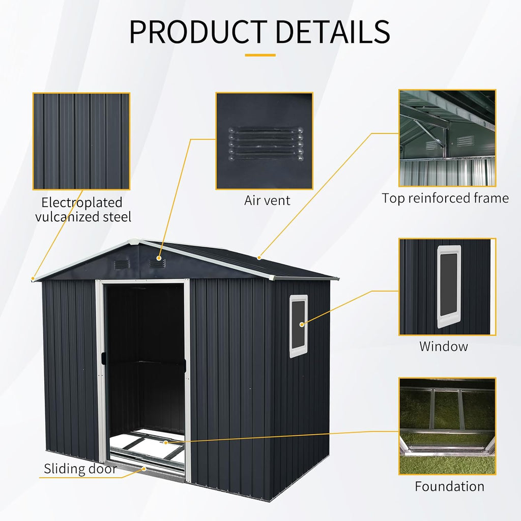 8 x 4 FT Outdoor Storage Shed, Metal Garden Shed with Floor Frame, Tool Shed Outdoor Storage with Lockable Sliding Doors & Window & Air Vent, Storage House Waterproof for Backyard, Lawn, Black + White