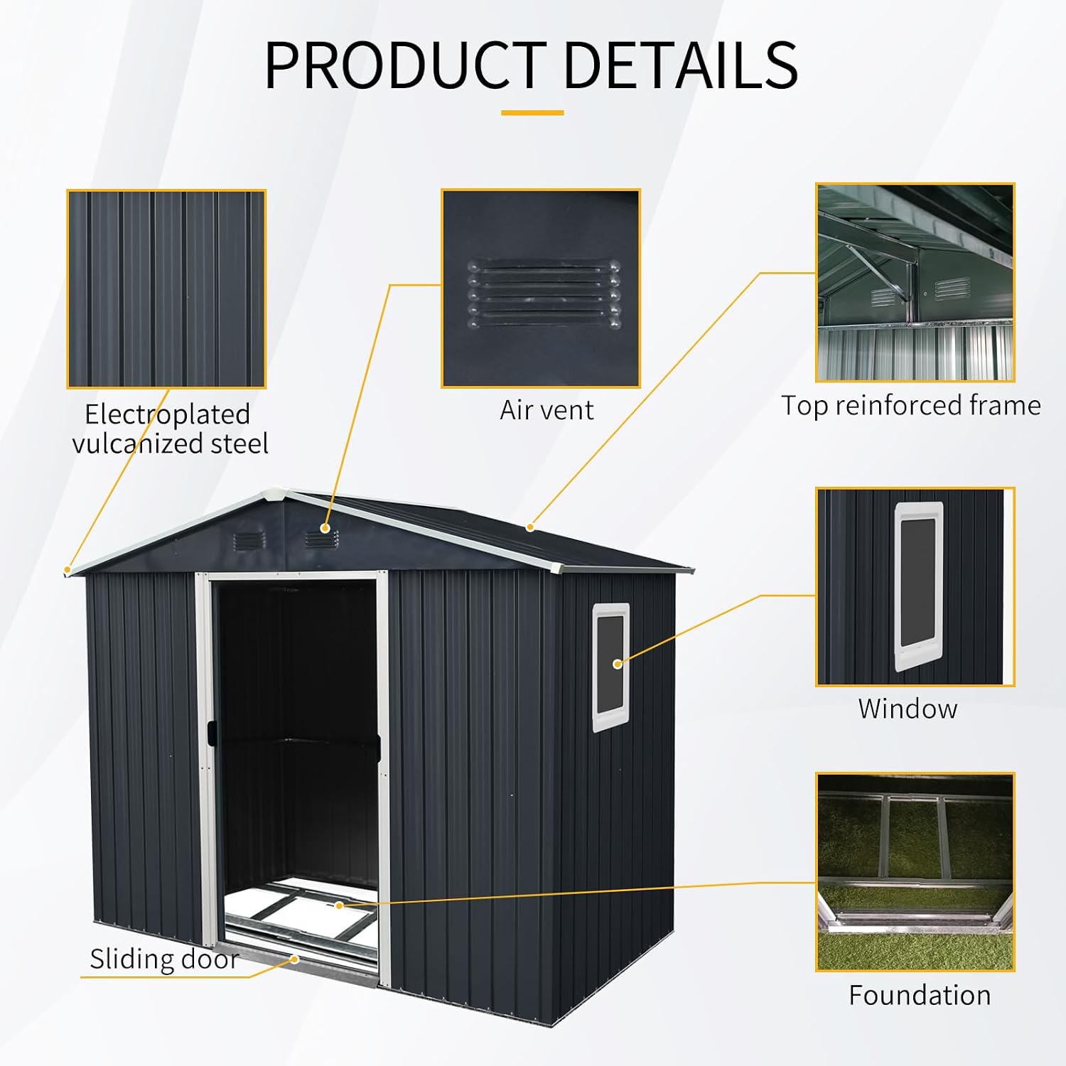 8 x 4 FT Outdoor Storage Shed, Metal Garden Shed with Floor Frame, Tool Shed Outdoor Storage with Lockable Sliding Doors & Window & Air Vent, Storage House Waterproof for Backyard, Lawn, Black + White