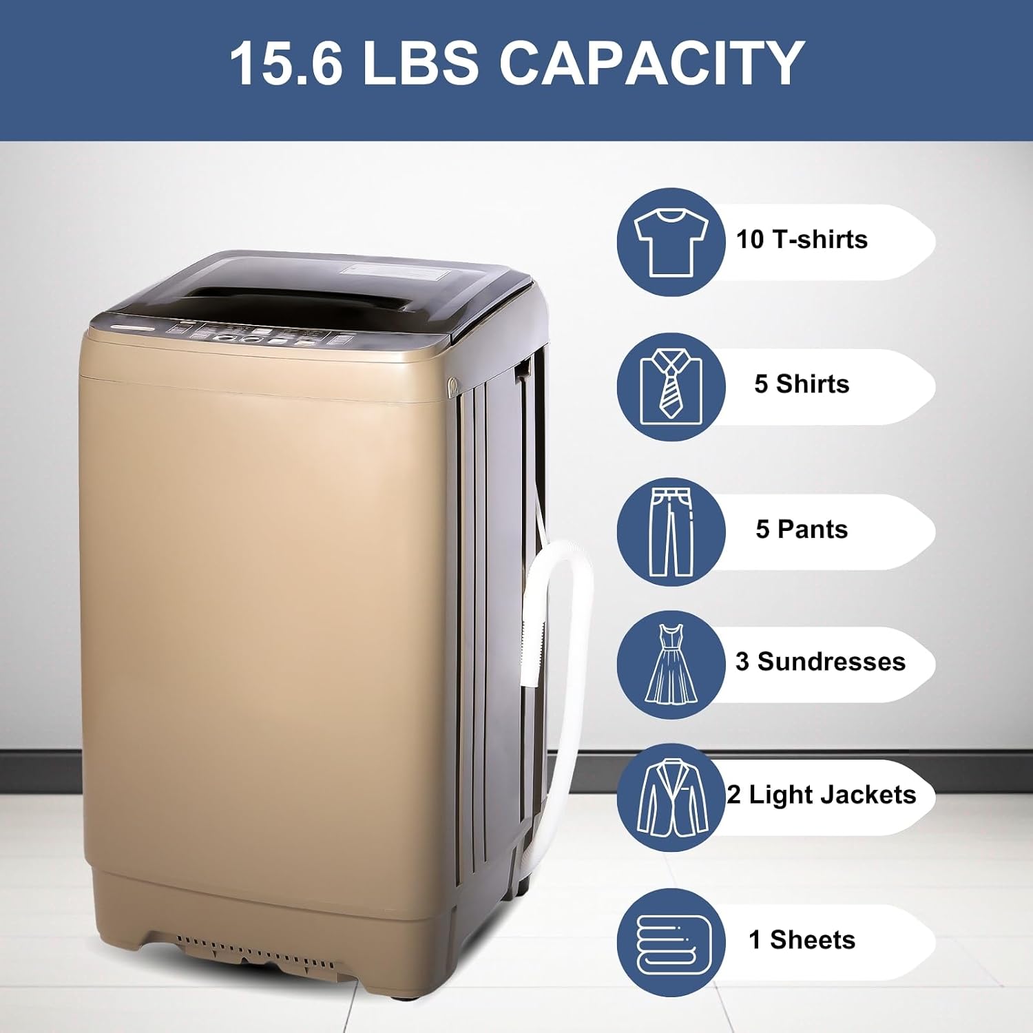 Washing Machine 15.6 LBS Automatic Laundry Machine with 10 Programs, LED Display, 8 Water Levels, High-efficiency Compact Washer for Apartment, RV, Dorm