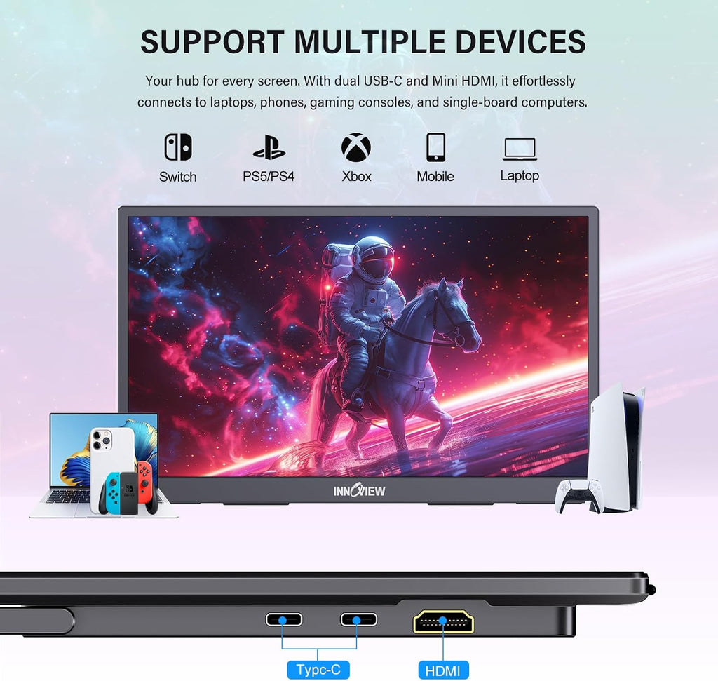 InnoView 4K Portable Monitor 18.5' 3840x2160 UHD USB-C HDMI for Laptop, 400 nits IPS Computer Gaming Display HDR Travel Monitor with W/180°Adjustable Stand for Desktop Mac Phones Tablet PS5/4 Switch