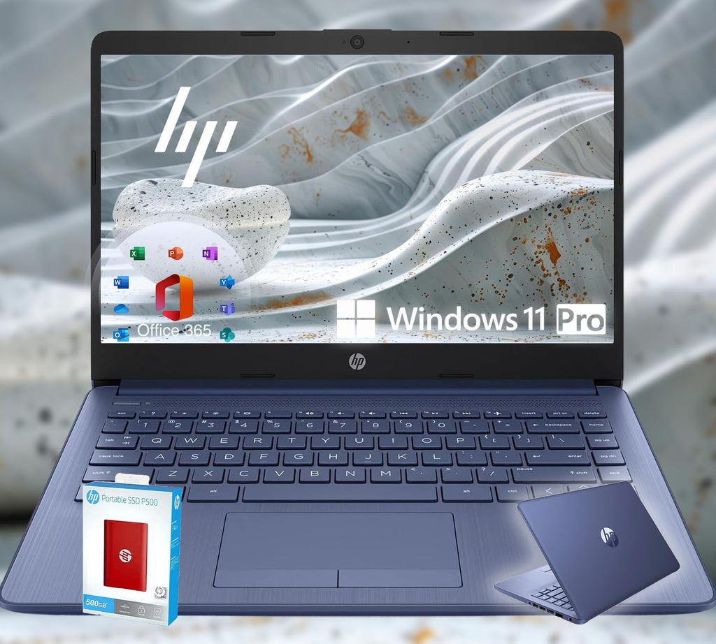 HP 14 Ultrabook • Intel 4-Core CPU • Back to School Limited Edition with Microsoft 365 • 16GB RAM • 1600GB Storage (64GB OnBoard withHP 512GB P500 Portable SSD + 1TB OneDrive) • Win11 Pro • Royal Blue