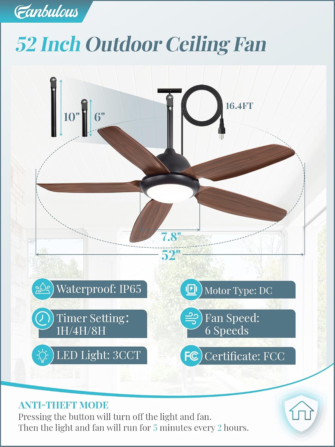52 Inch Wet Rated Outdoor Ceiling Fan with Lights and Remote,IP65 Hanging Gazebo Fan with 3CCT 6-Speed DC Motor,Brown Waterproof Plug in Ceiling Fan with Cord for Patios Porch Pergola Pavilion