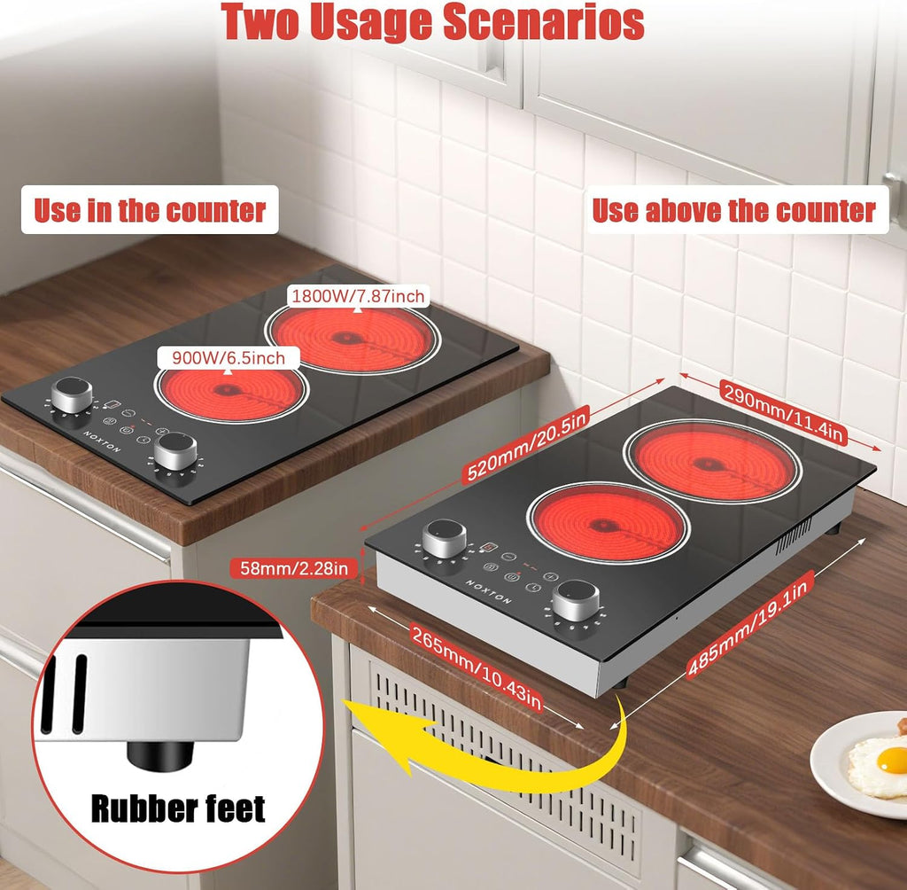 Noxton 2 Burners Electric Cooktop, 12 Inch 110V Radiant Ceramic Stove with Knob & Touch Control, 2000W Built-in or Countertop Electric Hot Plate, Timer, Child Lock, Residual Heat Indicator(SY)