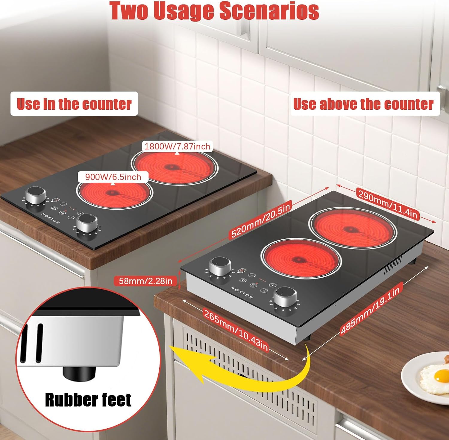 Noxton 2 Burners Electric Cooktop, 12 Inch 110V Radiant Ceramic Stove with Knob & Touch Control, 2000W Built-in or Countertop Electric Hot Plate, Timer, Child Lock, Residual Heat Indicator(SY)