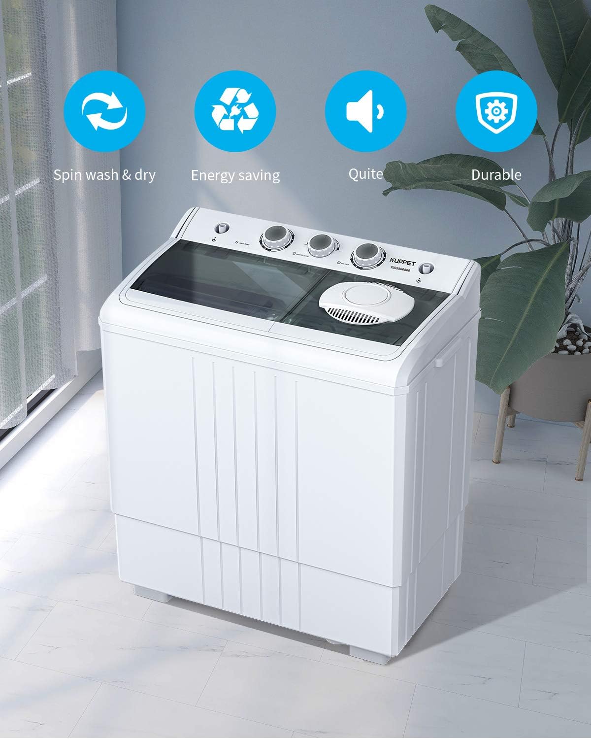 Compact Twin Tub Portable Mini Washing Machine 21lbs Capacity,Washer(14.4lbs) and Spiner(6.6lbs)/Built-in Drain Pump/Semi-Automatic,Black and White,24.8 inch x 15 inch x 28.5 inch