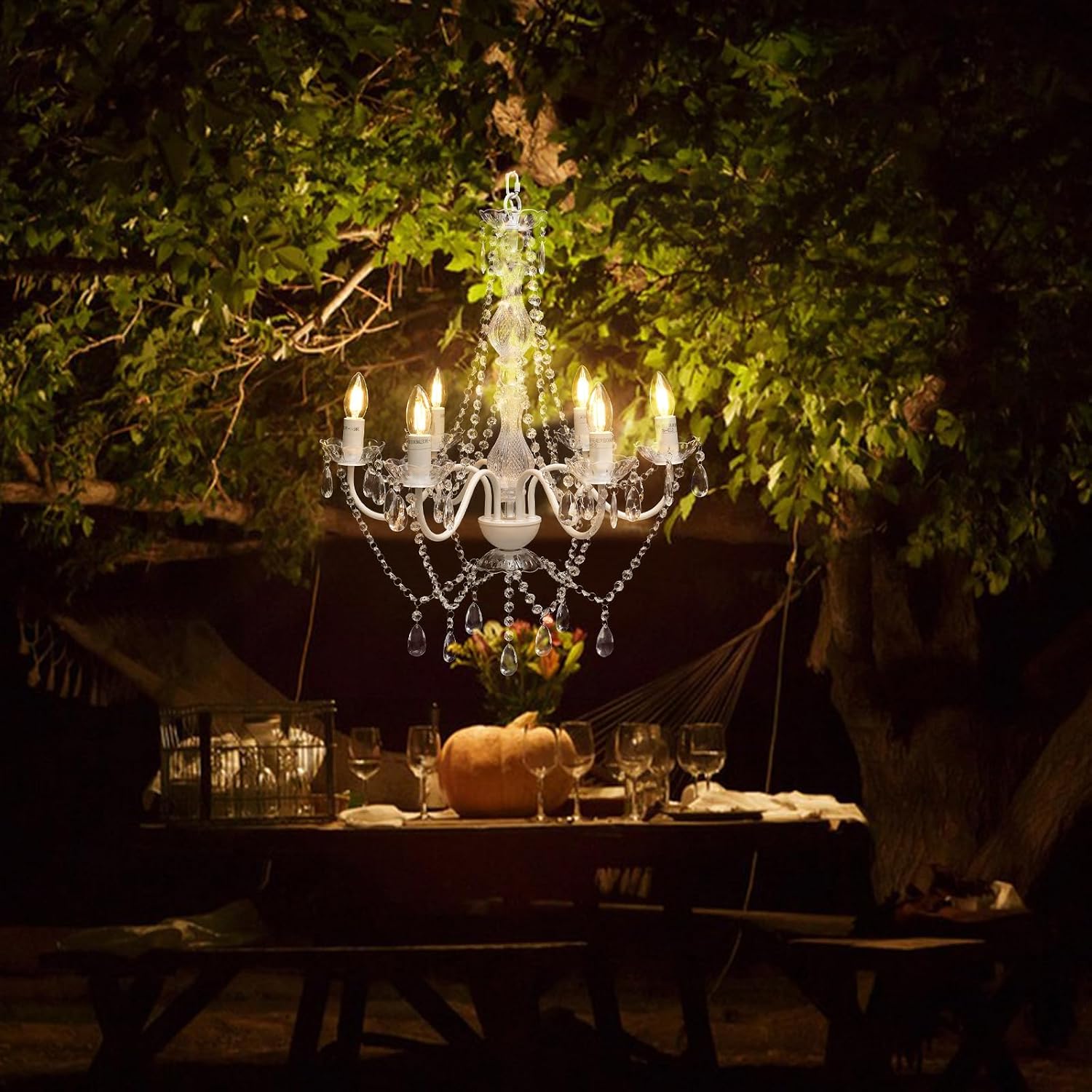 Outdoor 6 Light Plug-in Crystal White Chandelier H26'xW22', White Metal Frame, Clear Acrylic Crystals, and Low Voltage (12 Volts) IP65 Water Resistant Electrical Components