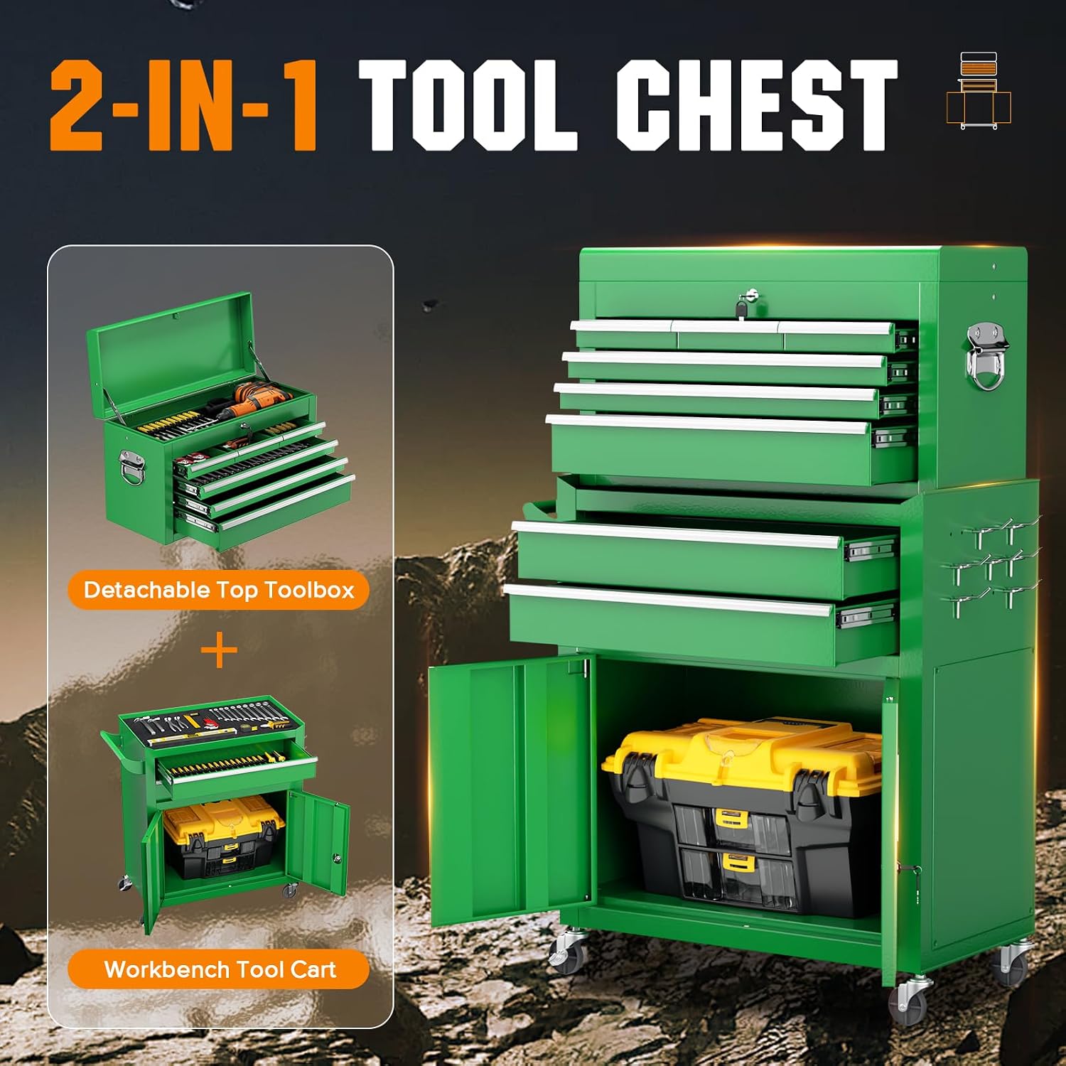8-Drawer Rolling Tool Chest - Heavy-Duty Steel Tool Cabinet with Detachable Top Box, Locking Wheels & Security System for Garage/Workshop, 2-in-1 Design (Green)