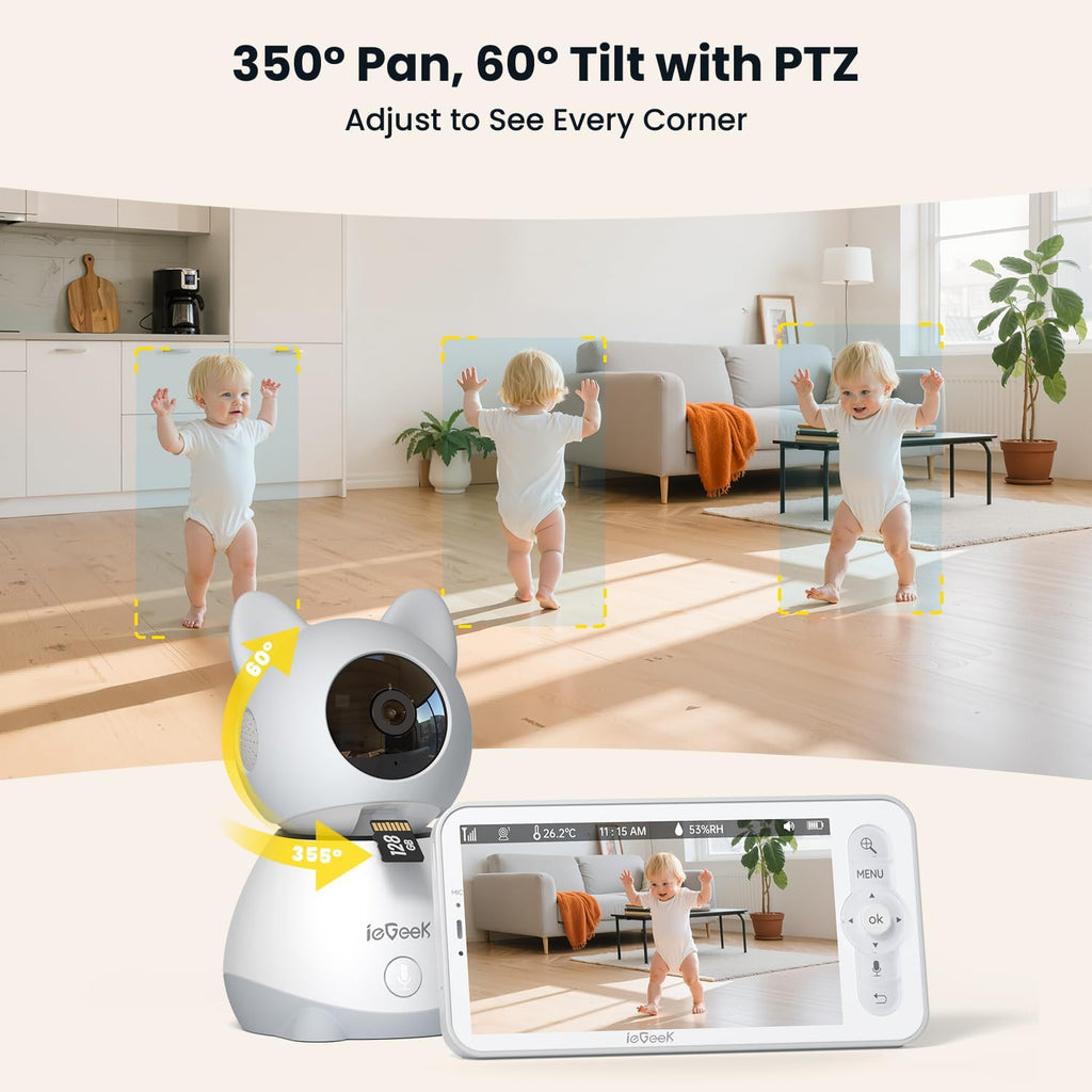 ieGeek Baby Monitor with 2 Cameras, 5' Large Screen Split-Screen Video Baby Monitor | 2K HD Non-WiFi Monitor with App & Parent Unit | Night Vision, 2-Way Audio, Cry Detection, Temperature Sensor