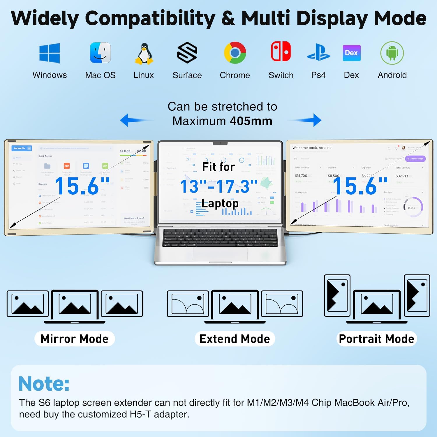 KEFEYA Laptop Screen Extender 15.6', FHD 1080P Portable Triple Monitor for Laptops 13-17.3', 120% sRGB 235° Rotation Detachable Laptop Monitor Extender for Windows/Mac/Dex/Chrome/Surface, Plug n Play