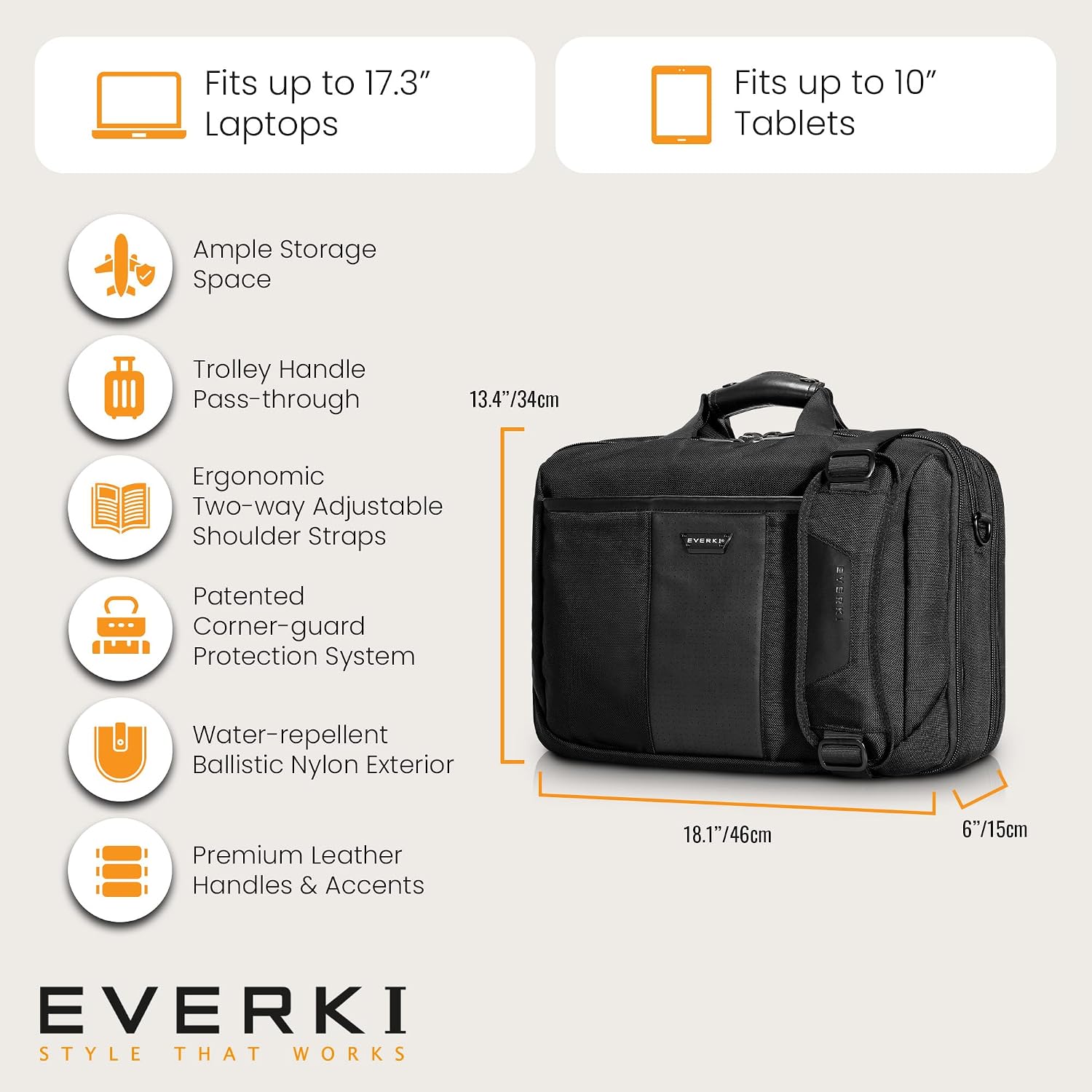 EVERKI Versa Laptop Briefcase Bag – Heavy-Duty Computer Bag for Laptops 13–17.3', Water-Resistant Travel Bag with Multiple Pockets for Business, Stylish Laptop Bag for Men & Women – Black (EKB427BK17)