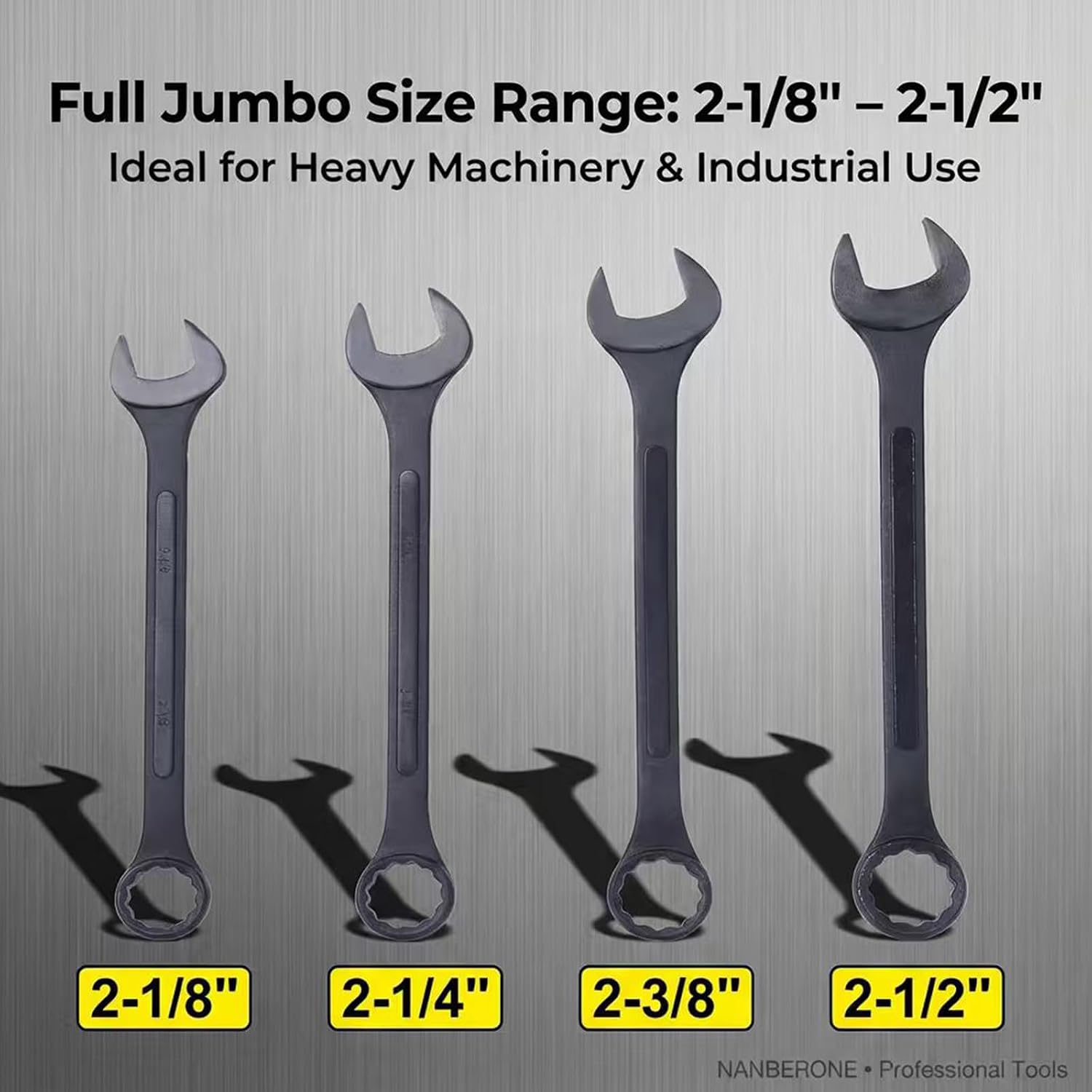 4PC Jumbo Combination Wrench Set, SAE 2-1/8'–2-1/2', Heavy-Duty Carbon Steel, Black Finish, Large Size Wrenches with Storage Bag