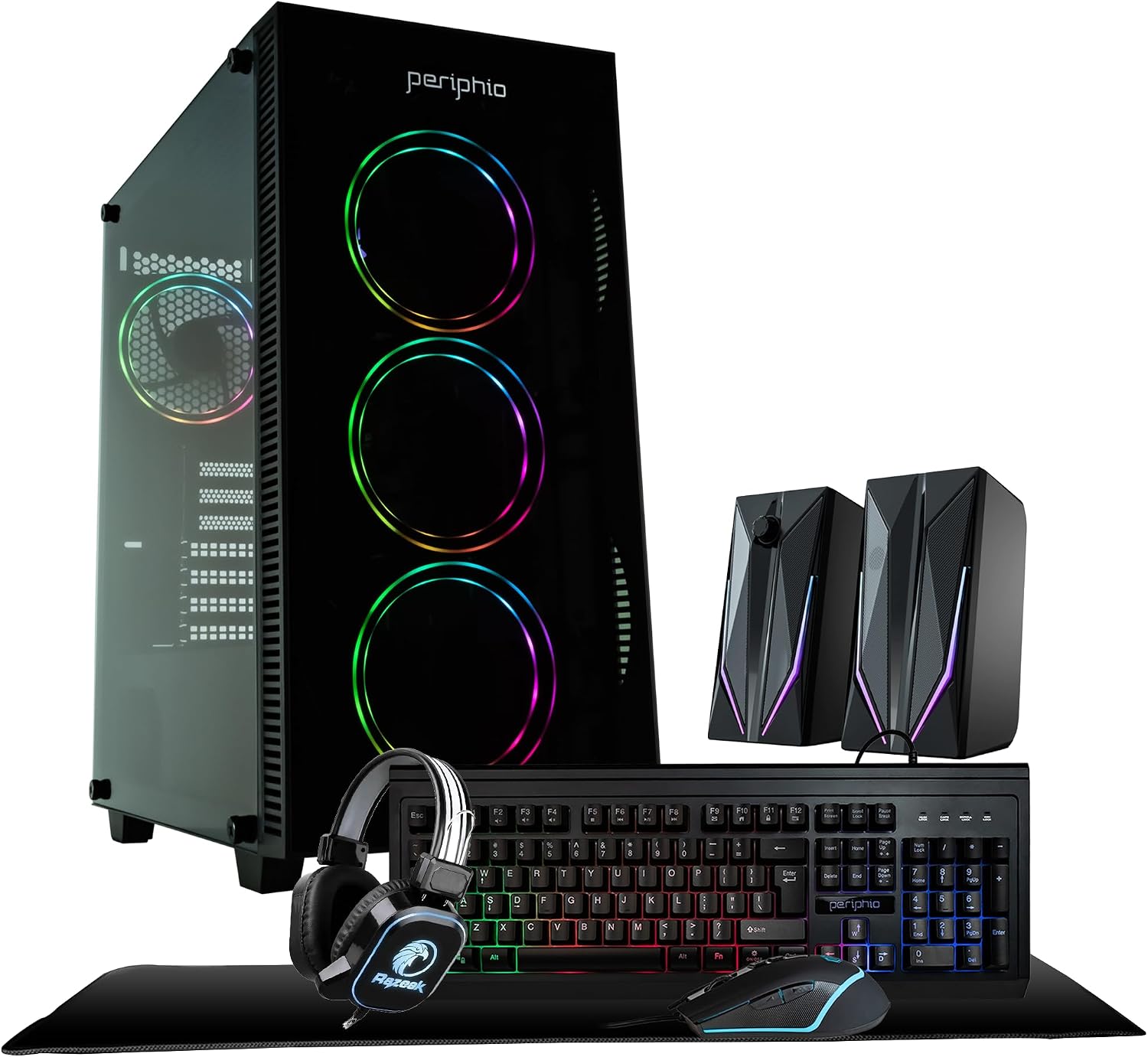 Periphio Terra Gaming PC, AMD Ryzen 5 5600GT up to 4.6GHz with Radeon Vega 7 Graphics, 16GB RAM, 1TBNVMe SSD, WiFi, Windows 11 Desktop Computer, Black, 1080p PC Gaming - RGB Gamer Bundle, No Monitor