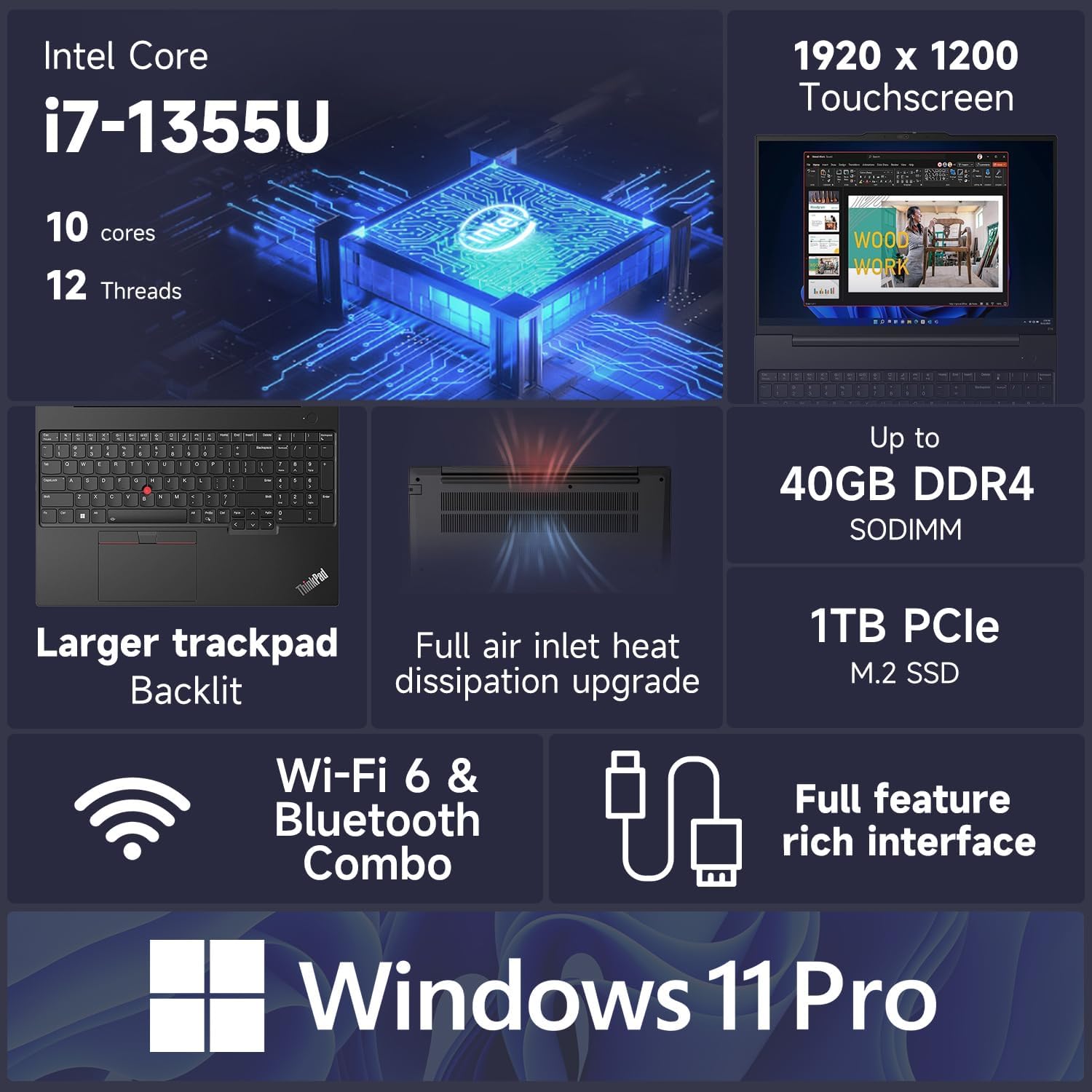 Lenovo ThinkPad E16 Business Laptop, 16' FHD+ Touchscreen, Intel Core i7-1355U, 40GB RAM, 1TB SSD, Fingerprint, Backlit, Webcam, HDMI, Wi-Fi 6, Windows 11 Pro, Bundle with Thunderobot 7-in-1 USB-C Hub