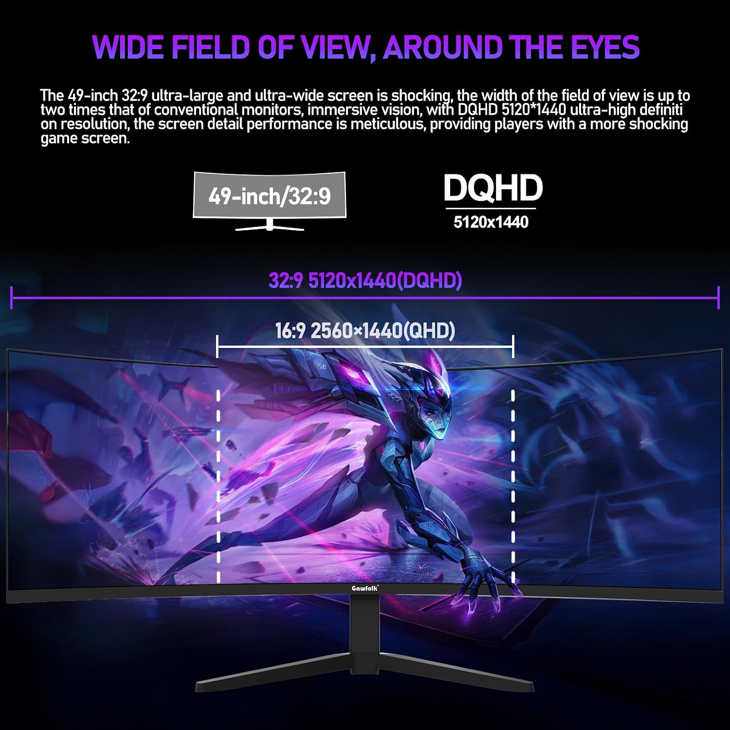 Gawfolk 49 Inch Curved Gaming Monitor 120hz,1500R PC Monitor Built-in Speakers, DQHD 5120x1440 Computer Screen for Home Office Business, DP, HDMI, Support Wall Mount 100x100mm