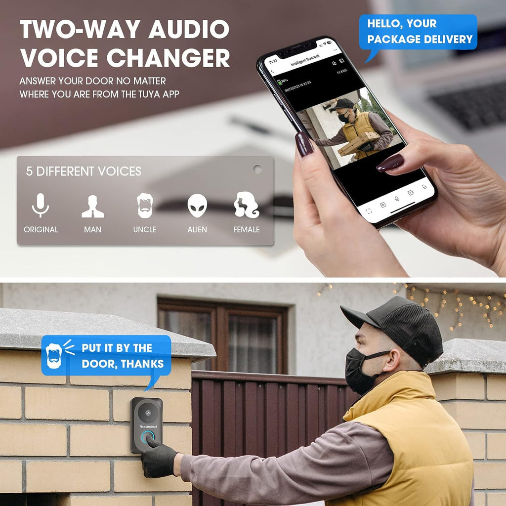 NATSUKAWA Doorbell Camera Wireless - Smart WiFi Video Doorbell with Chime- App Alerts, IP65, Night Vision, 2 Way Audio, Powered Smart Security Camera Video Wireless Doorbell for Home, Easy Install