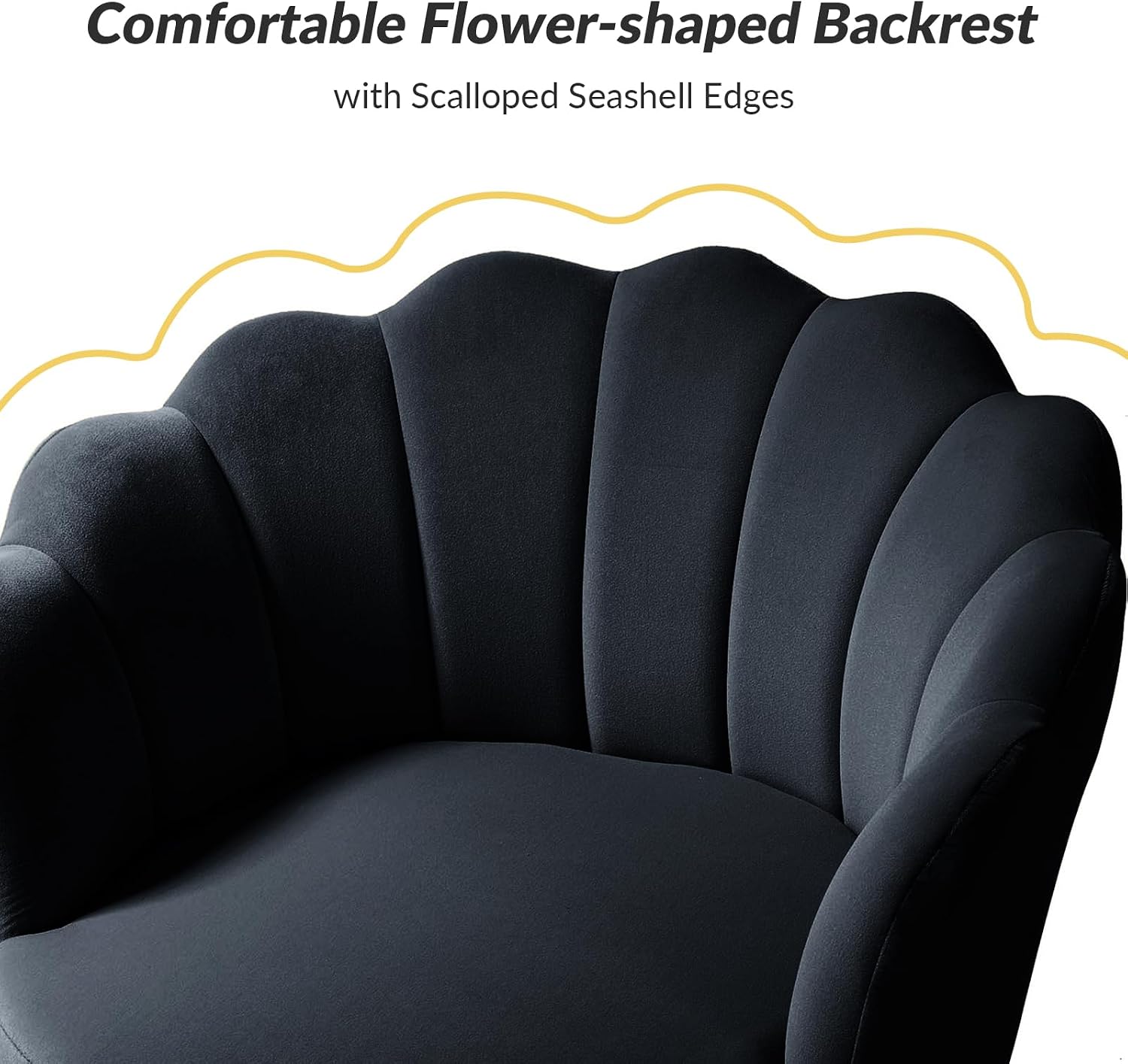 HULALA HOME Modern Velvet Accent Chairs Set of 2 with Shell Shaped Back, Cute Living Room Bedroom Armchairs with Gold Legs, Comfy Upholstered Vanity Chairs for Makeup Room, Black