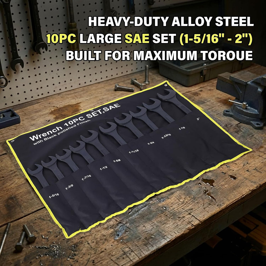 10PC Jumbo Combination Wrench Set, SAE 1-5/16'–1-7/8', Heavy-Duty Cr-V Steel, Black Oxide Finish, Large Size Wrench Kit with Storage Pouch