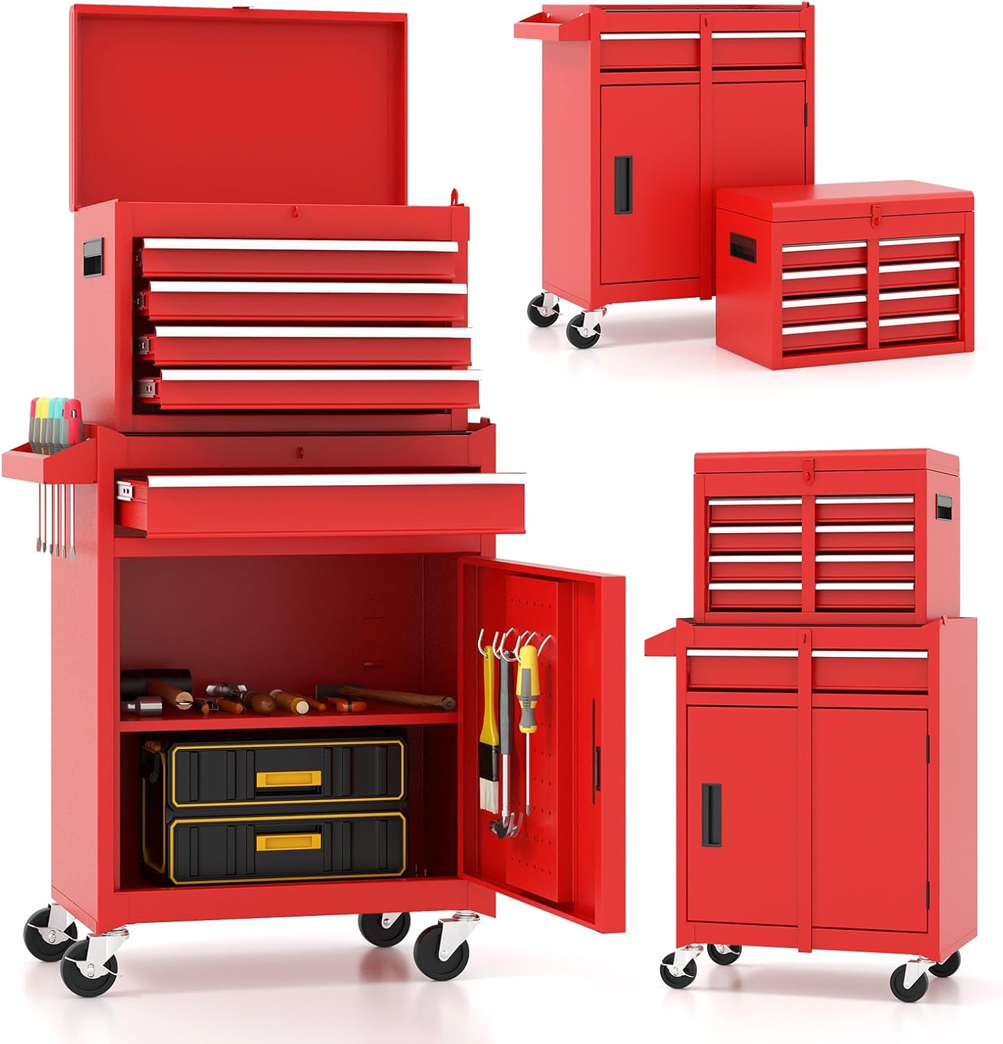 ARNOT 2-in-1 Rolling Tool Chest with 5 Drawers, Heavy-Duty Metal Tool Box with Wheels, Detachable Top Tool Box & Rolling Tool Cabinet for Garage, DIY (5-Drawers, Red)