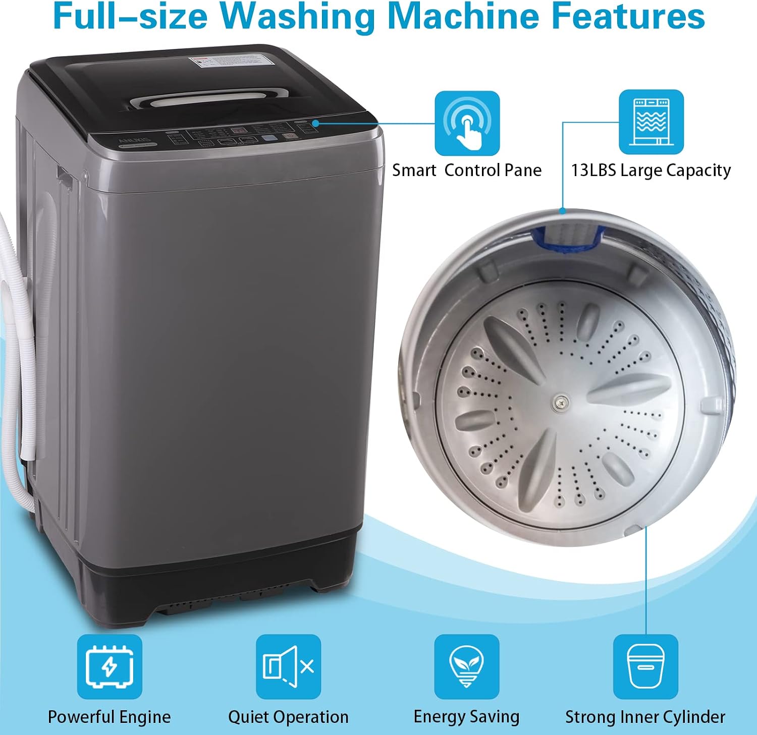 Anukis Fully Automatic Washing Machine, 13 lbs Capacity Compact Laundry Washer with Drain Pump 10 Wash Program & 8 Water Levels for Apartment, Dorm-Grey