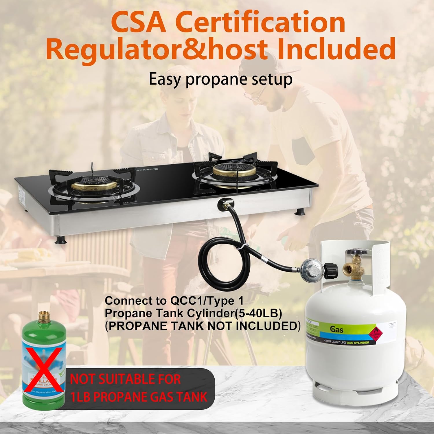 2 Burner Propane Gas Stove with Auto Ignition, 29000 BTU High-Efficiency Heavy-Duty Tempered Glass Cooktop, CSA Regulator & Hose Included, for Outdoor Camping Emergency