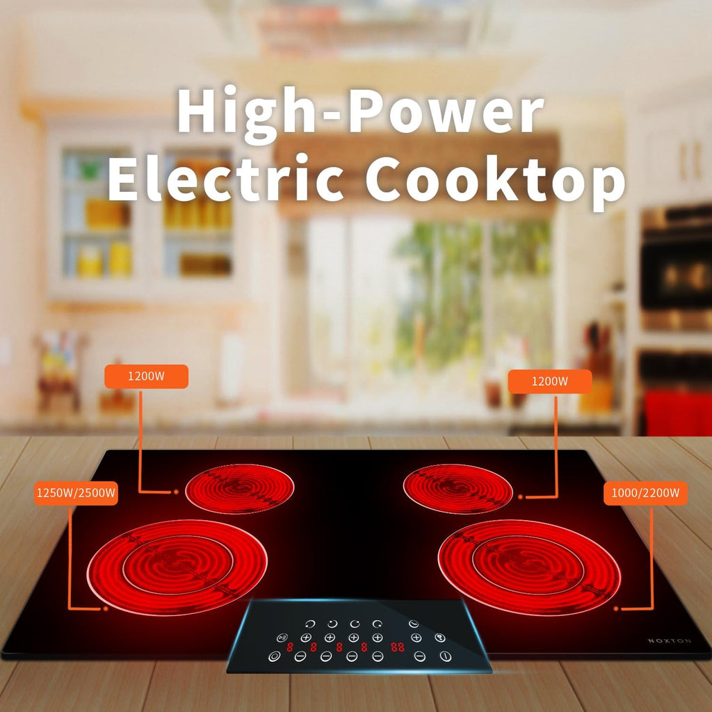 Noxton 30 Inch Electric Cooktop 4 Burners, Built in Electric stove top, Sensor Touch Ceramic Cooktop, Expandable Burners, Pause, Safety Lock, Timer, 7100W 220~240V (No Plug)