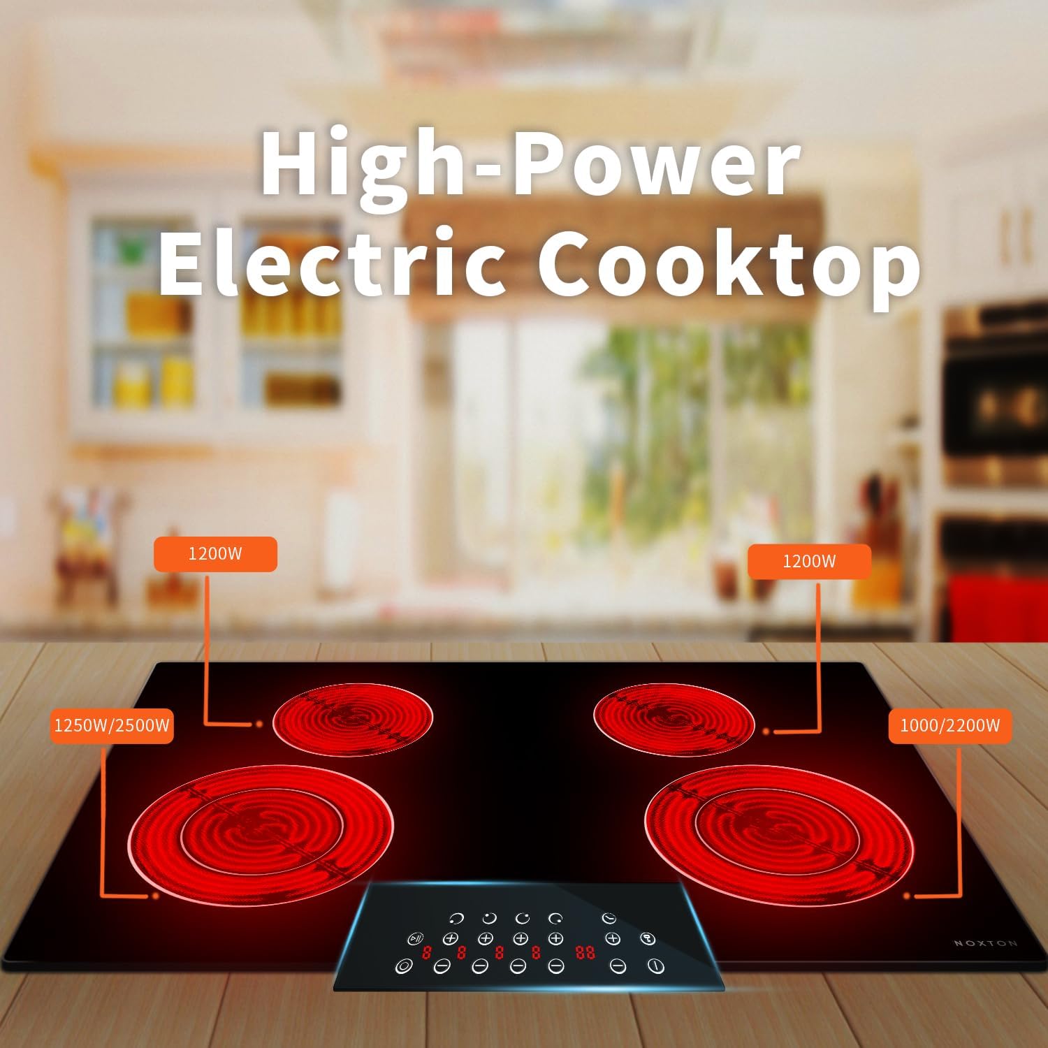Noxton 30 Inch Electric Cooktop 4 Burners, Built in Electric stove top, Sensor Touch Ceramic Cooktop, Expandable Burners, Pause, Safety Lock, Timer, 7100W 220~240V (No Plug)