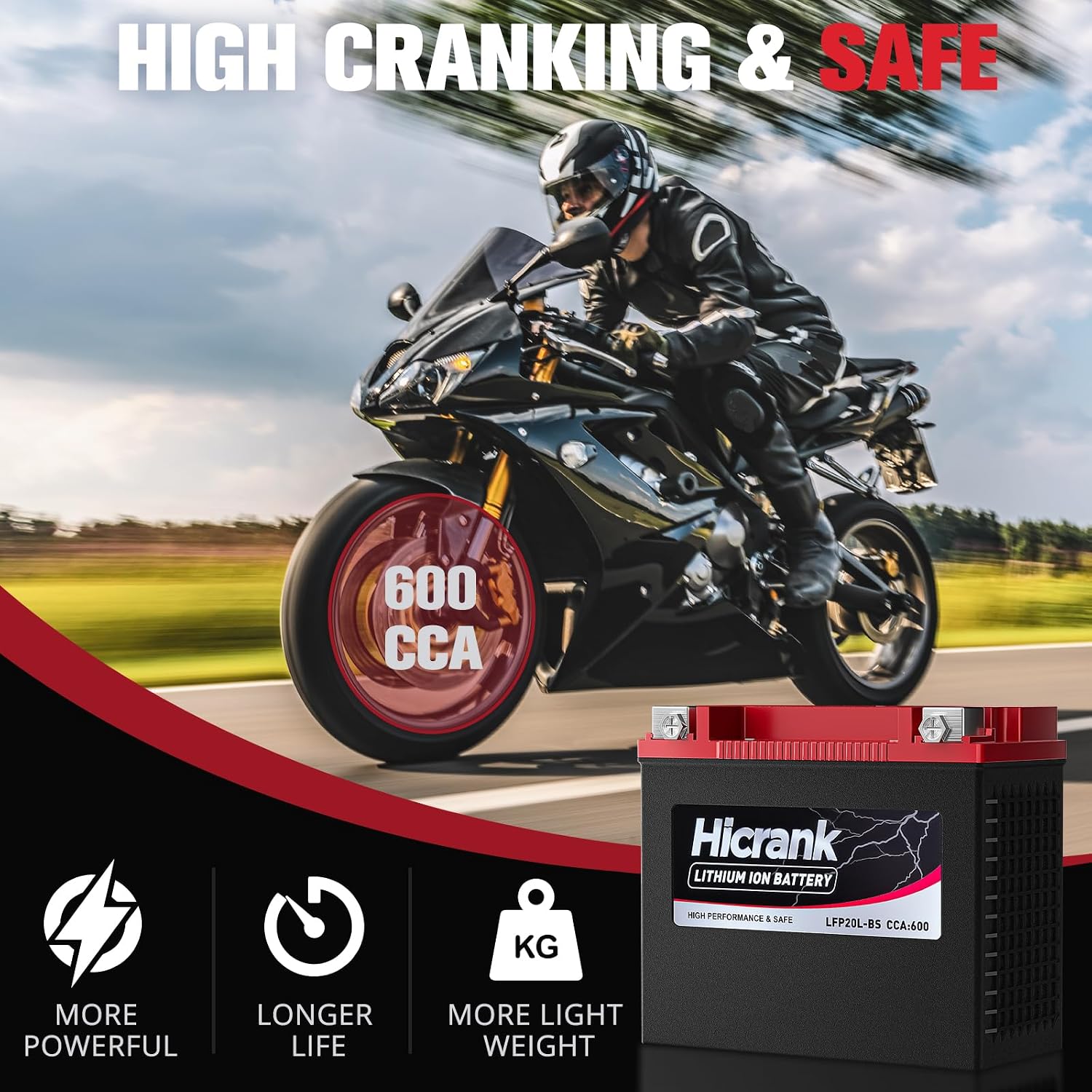 YTX20L-BS/YTX20HL LiFePO4 Lithium Motorcycle Battery, 12V 12Ah,600CCA, Fits for ATV, UTV,Jet Ski, Riding Lawn Mower and Generator