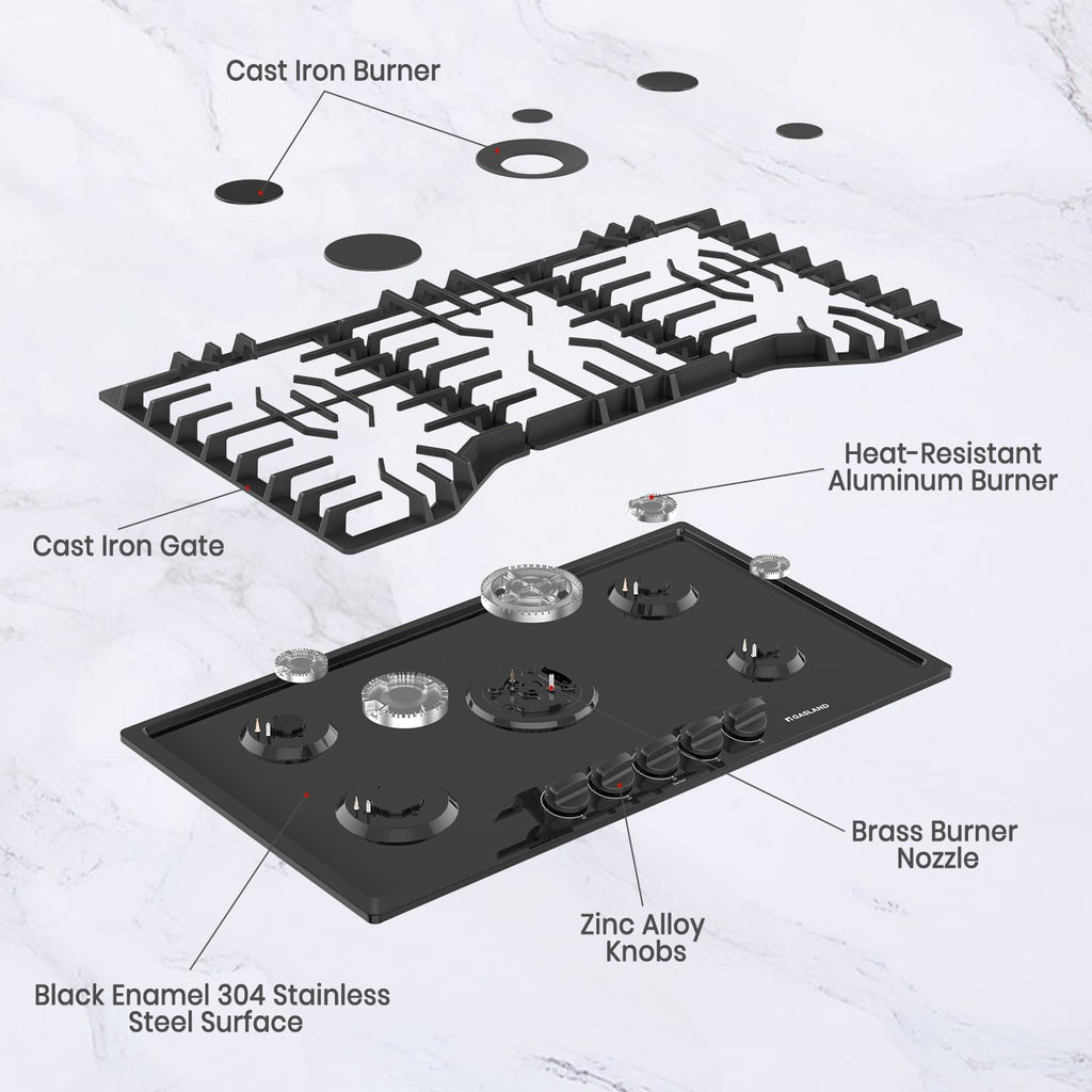 GASLAND Gas Cooktop 36 Inch with Griddle, PRO GH3365EF 5 Burner Propane Stovetop with Reversible Cast Iron Grill/Griddle, Gas Countertop Plug-in, NG/LPG Convertible Cooktops, Black