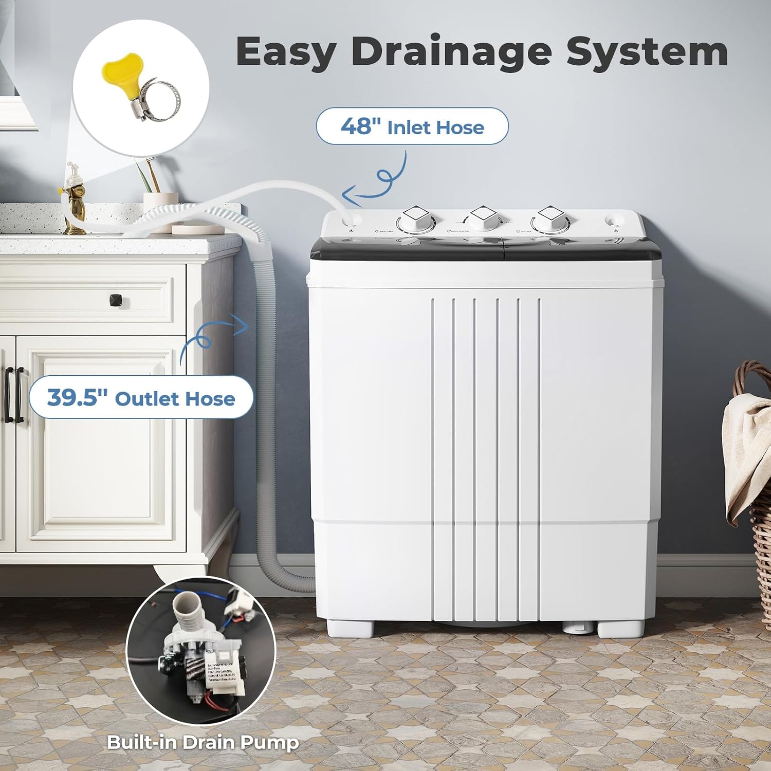 Giantex Portable Washing Machine, 20 LBS Washer & Spinner Combo with Built-in Drain Pump & Time Control, Compact Twin Tub 12 LBS Washing & 8 LBS Spin Drying for Apartment Dorm RV (Black+White)