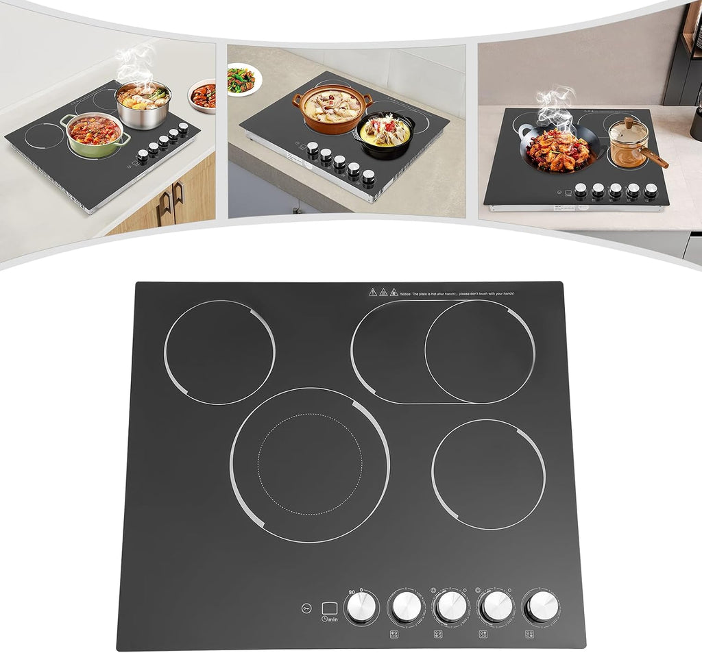 Electric Cooktop 24 Inch, 3400W Drop-in 4 Burner Electric Stovetop in Black with 5 Power Levels, 0-99 Minute Timer, Child Safety Lock, 110V - 23.62x20.08x3.94in(No Plug)