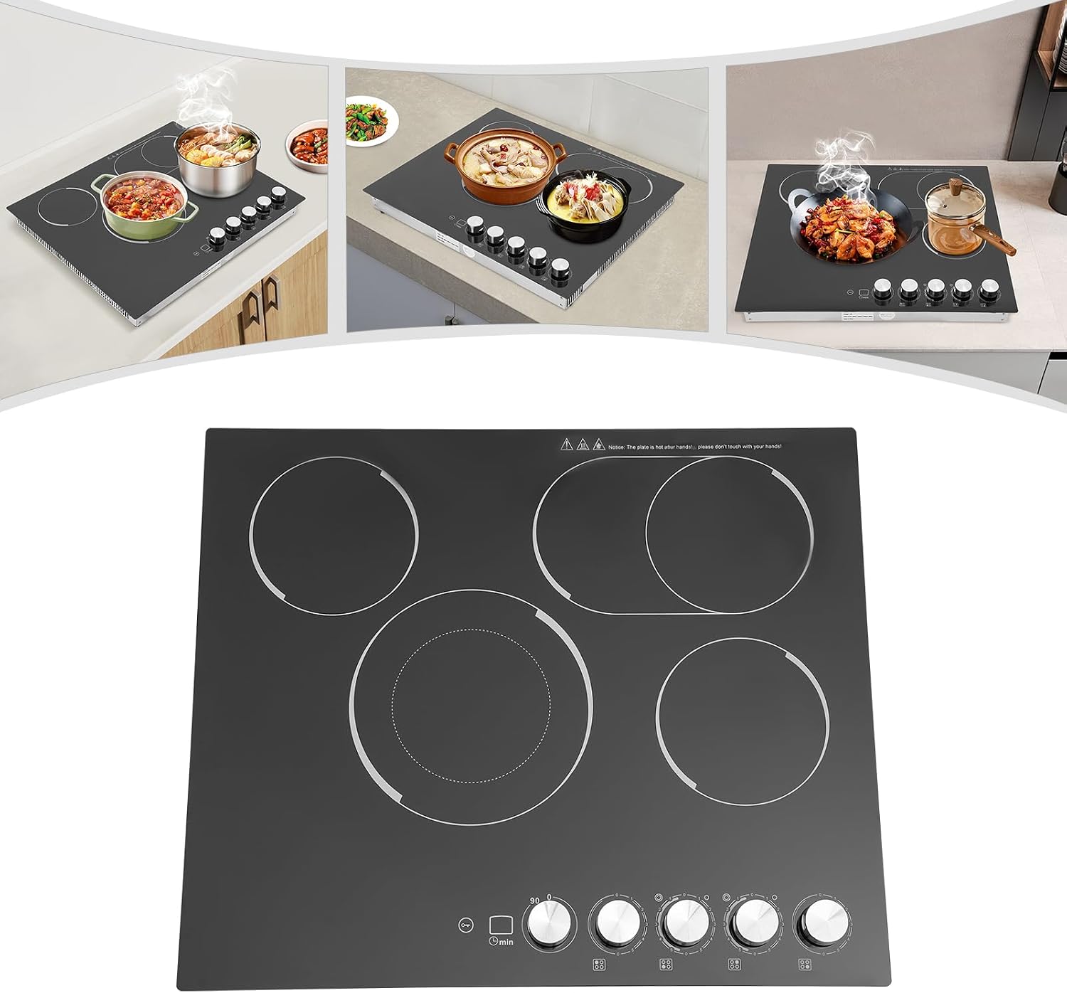 Electric Cooktop 24 Inch, 3400W Drop-in 4 Burner Electric Stovetop in Black with 5 Power Levels, 0-99 Minute Timer, Child Safety Lock, 110V - 23.62x20.08x3.94in(No Plug)