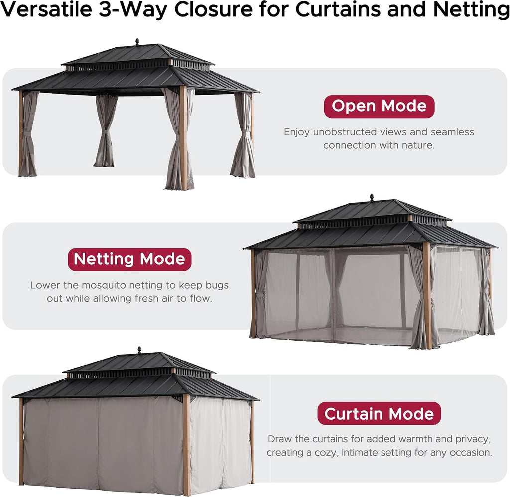 SUNJOY Kingston 16' x 12' Hardtop Gazebo with Galvanized Steel Double Roof, Curtain and Netting, Woodgrain Finish Aluminum Posts Permanent Pavilion Gazebo for Garden, Patio, Deck, Lawn