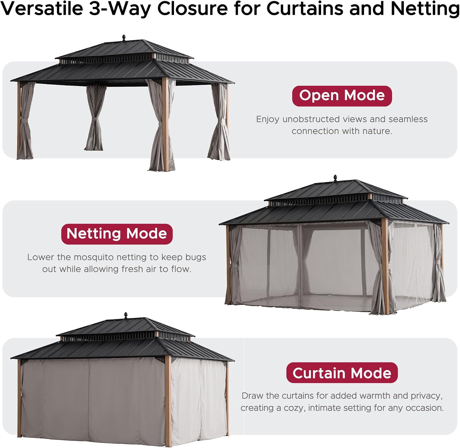 SUNJOY Kingston 16' x 12' Hardtop Gazebo with Galvanized Steel Double Roof, Curtain and Netting, Woodgrain Finish Aluminum Posts Permanent Pavilion Gazebo for Garden, Patio, Deck, Lawn