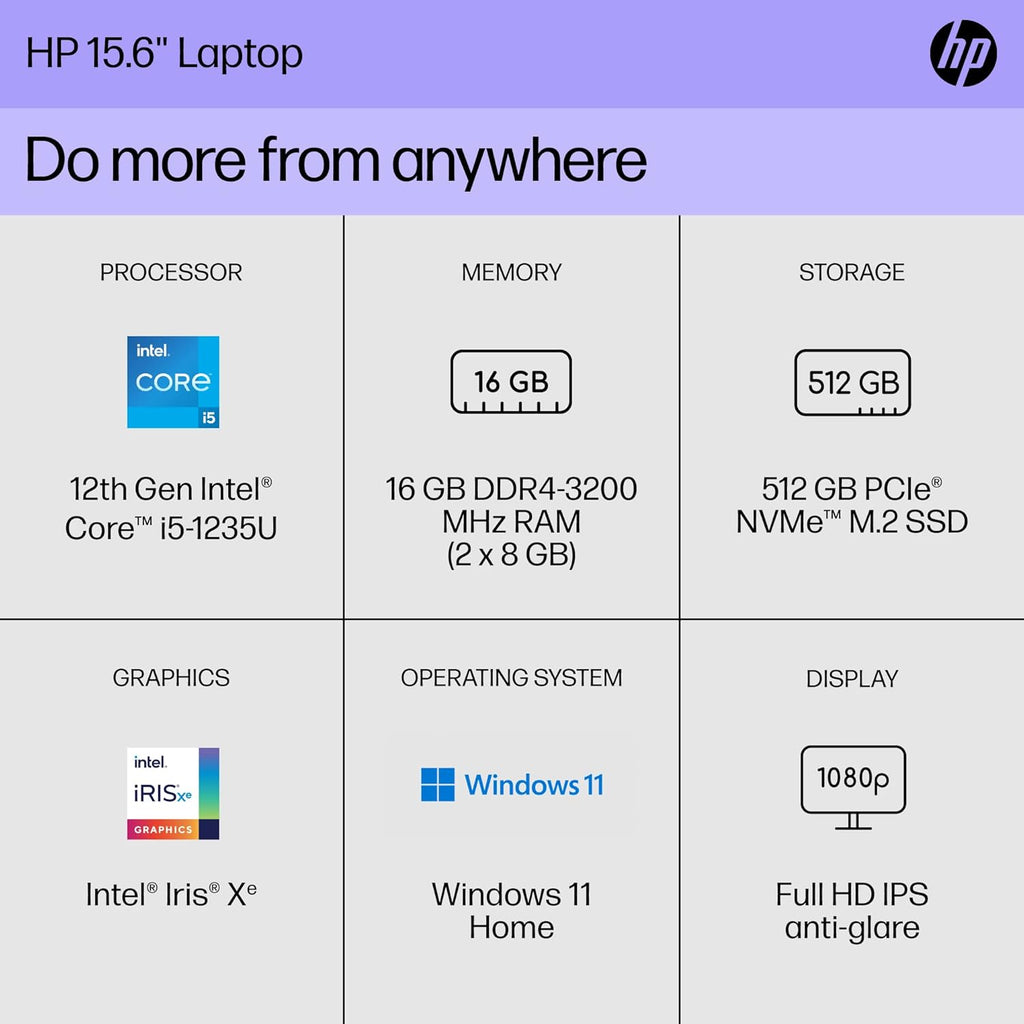 HP 15 inch Laptop, FHD Display, 12th Generation Intel Core i5-1235U, 16 GB RAM, 512 GB SSD, Intel Iris Xe Graphics, Windows 11 Home, 15-dy5399nr (2023)