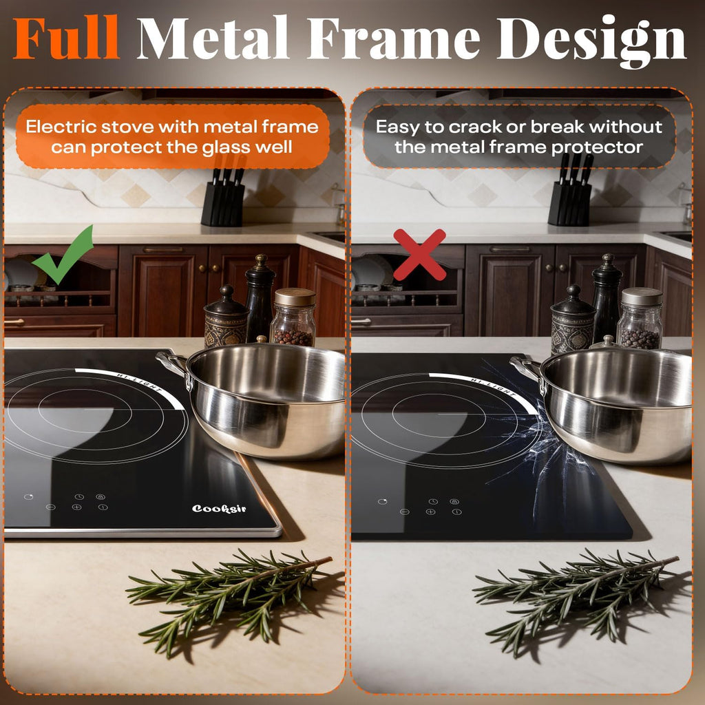 24 Inch Electric Cooktop, 3 Burner Built-in Ceramic Stove Top 220V-240V, 5700W Radiant Electric Cook Top with Touch Control, Timer, Safety Lock, 220V Hard Wired (No Plug)