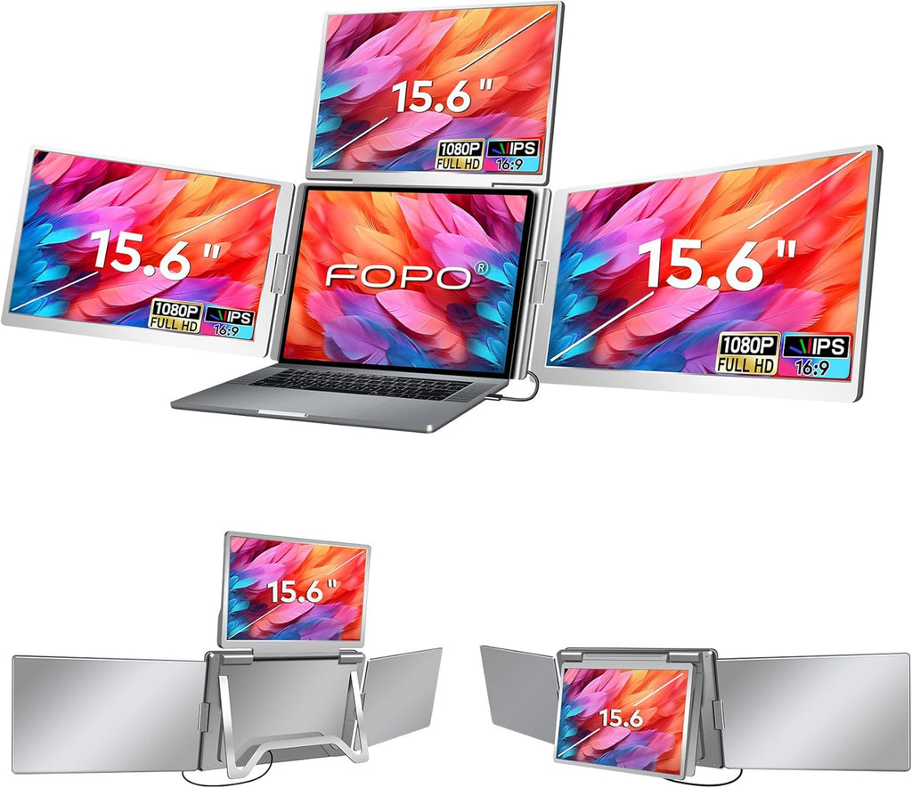 15.6' Laptop Screen Extender Monitor Portable, Quad Monitor, Just 1 Cable for 3 Screens, FHD 1080P IPS Laptop Extender Compatible with Wins/Mac for 13.6' - 17.3' Laptops