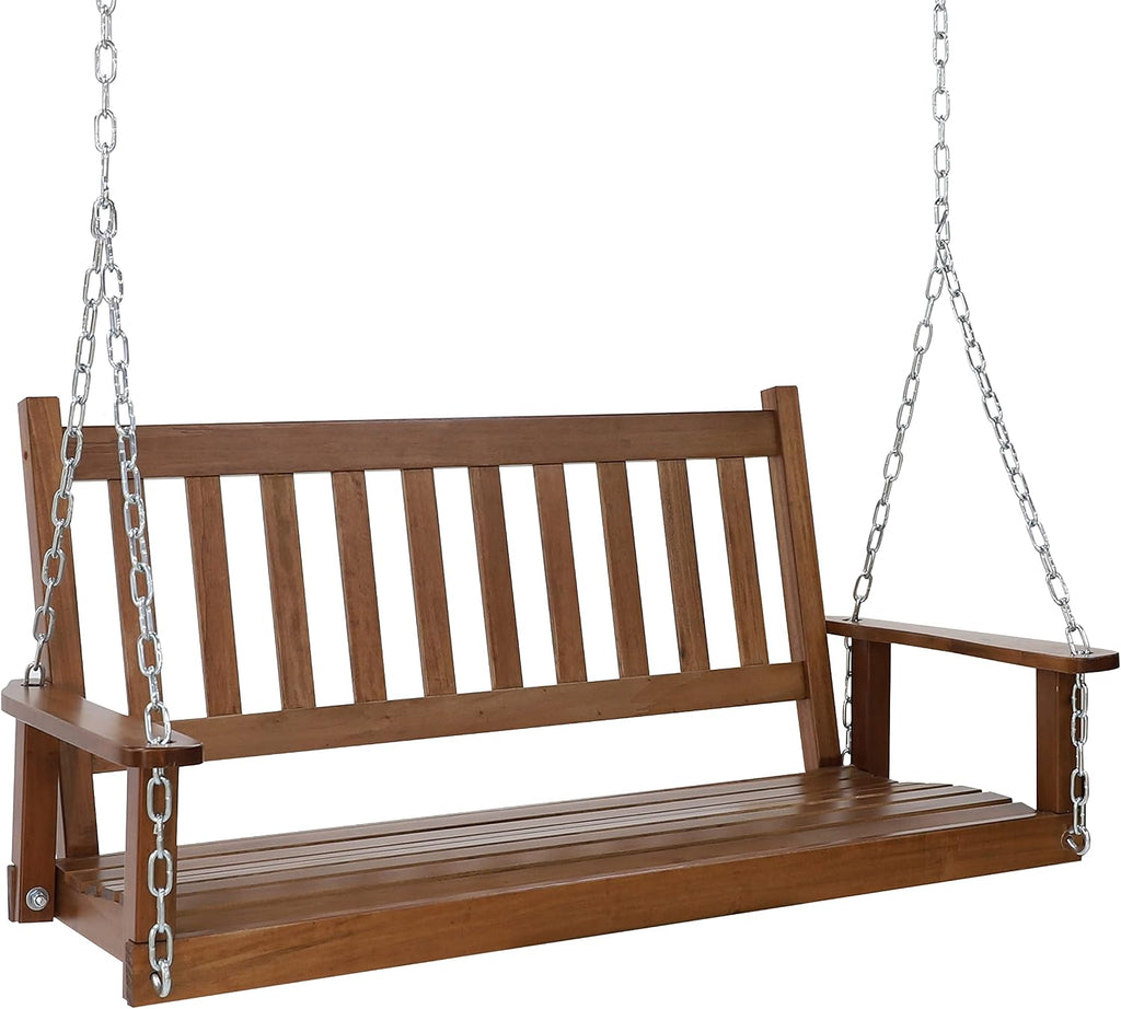 MUPATER Outdoor Patio Hanging Wooden Porch Swing 4FT with Chains, 2-Person Heavy Duty Swing Bench for Garden and Backyard, Wood Brown