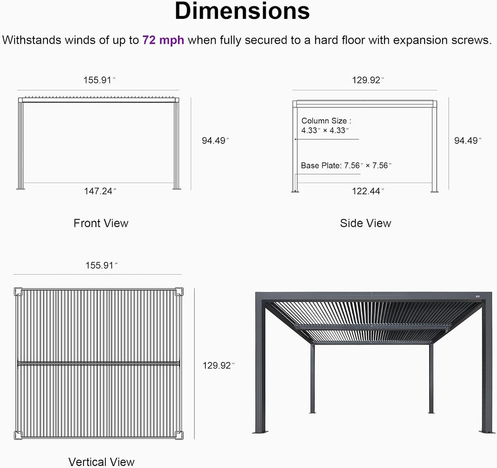PURPLE LEAF Louvered Pergola 94AS 11' x 13' Outdoor Aluminum Pergola with Fixed Shutter Wall Adjustable Roof for Deck Backyard Grey Hardtop Gazebo, 1 Short Side