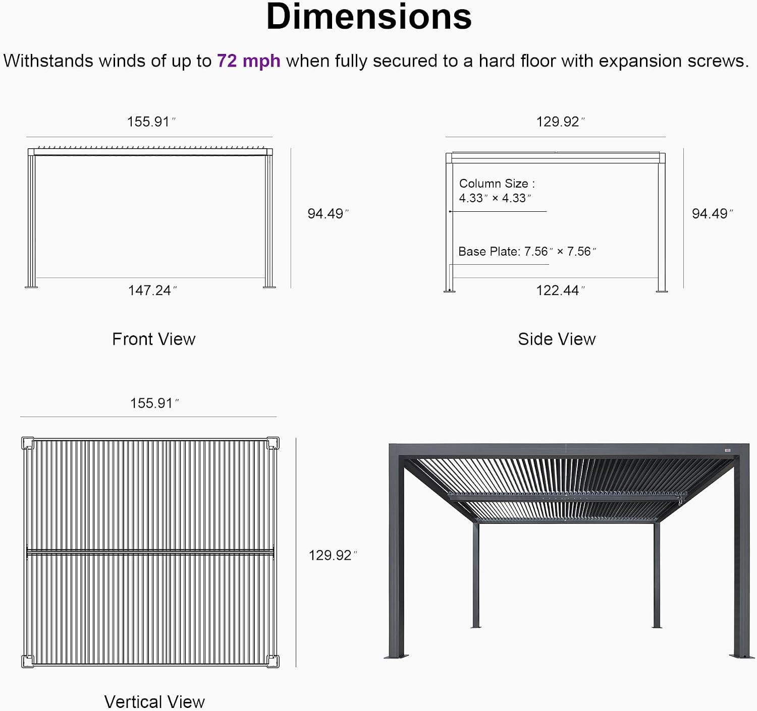PURPLE LEAF Louvered Pergola 94AS 11' x 13' Outdoor Aluminum Pergola with Fixed Shutter Wall Adjustable Roof for Deck Backyard Grey Hardtop Gazebo, 1 Short Side