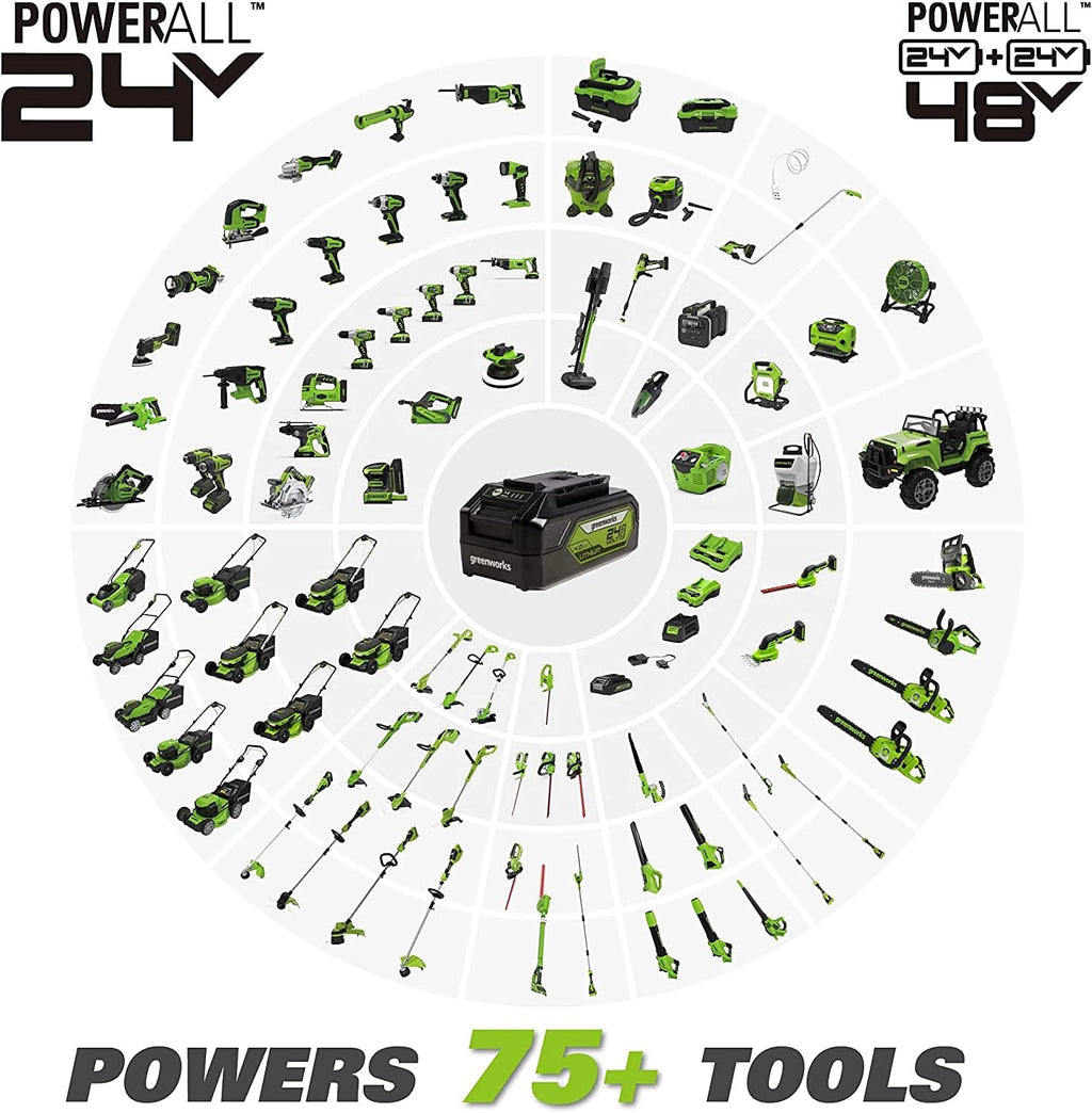 Greenworks 48V (2 x 24V) 17' Brushless Cordless Lawn Mower + 24V Drill / Driver, (2) 4.0Ah USB Batteries (USB Hub) and Dual Port Rapid Charger Included