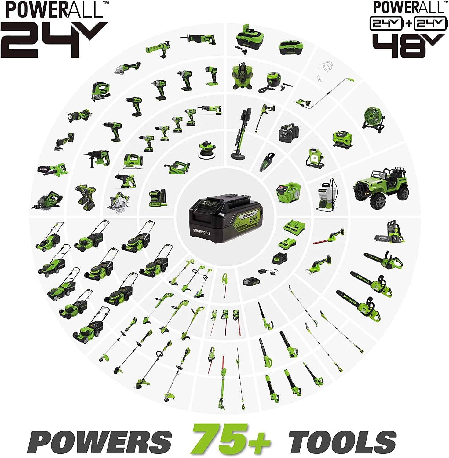 Greenworks 48V (2 x 24V) 17' Brushless Cordless Lawn Mower + 24V Drill / Driver, (2) 4.0Ah USB Batteries (USB Hub) and Dual Port Rapid Charger Included