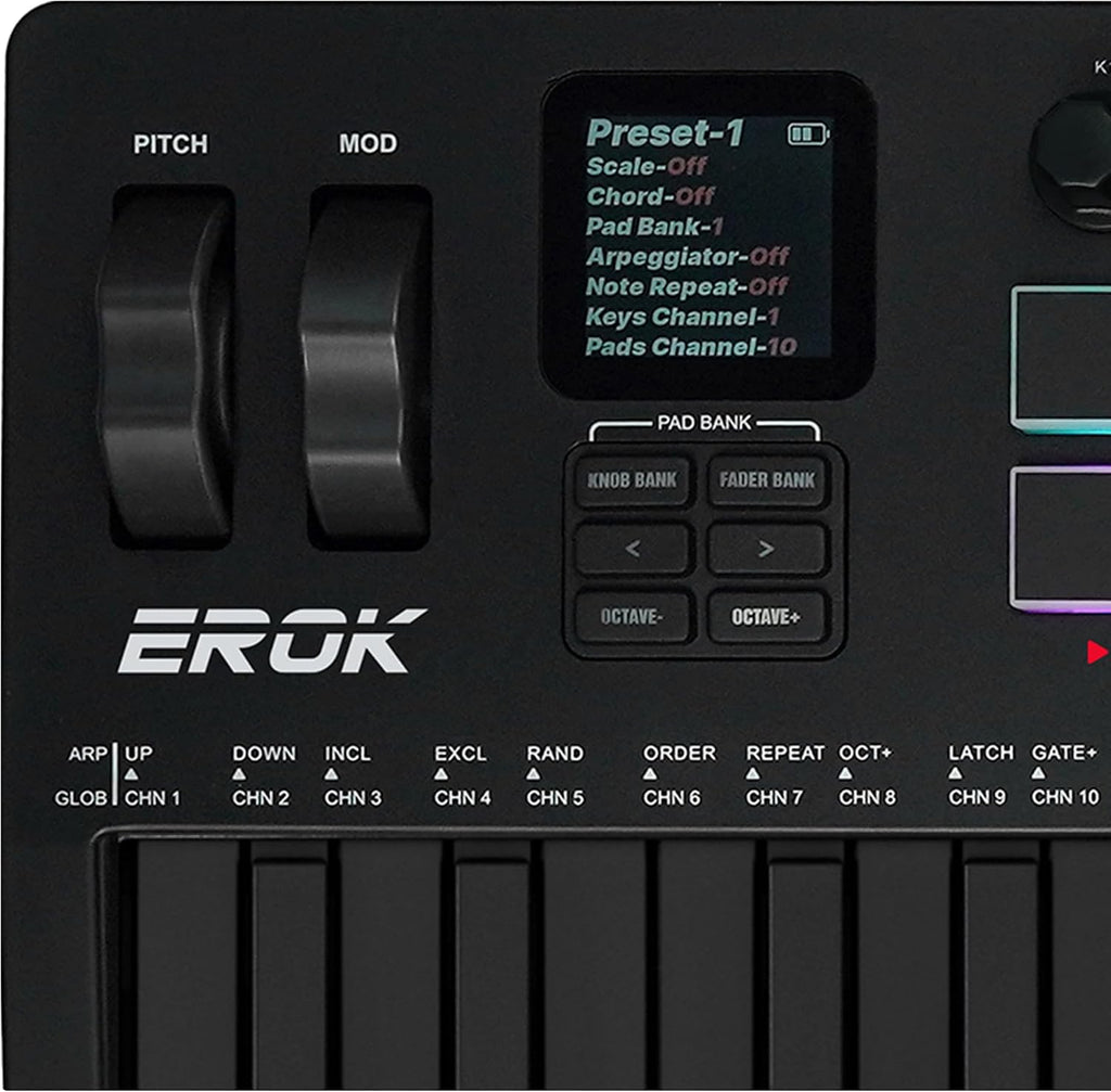 EROK 37 Keys MIDI Keyboard Controller with 3.5mm MIDI Output, 16 Backlit Drum Pads, 8 Knobs, DAW Integration & Arpeggiator, Music Production Equipment and Studio Controller (Dark)